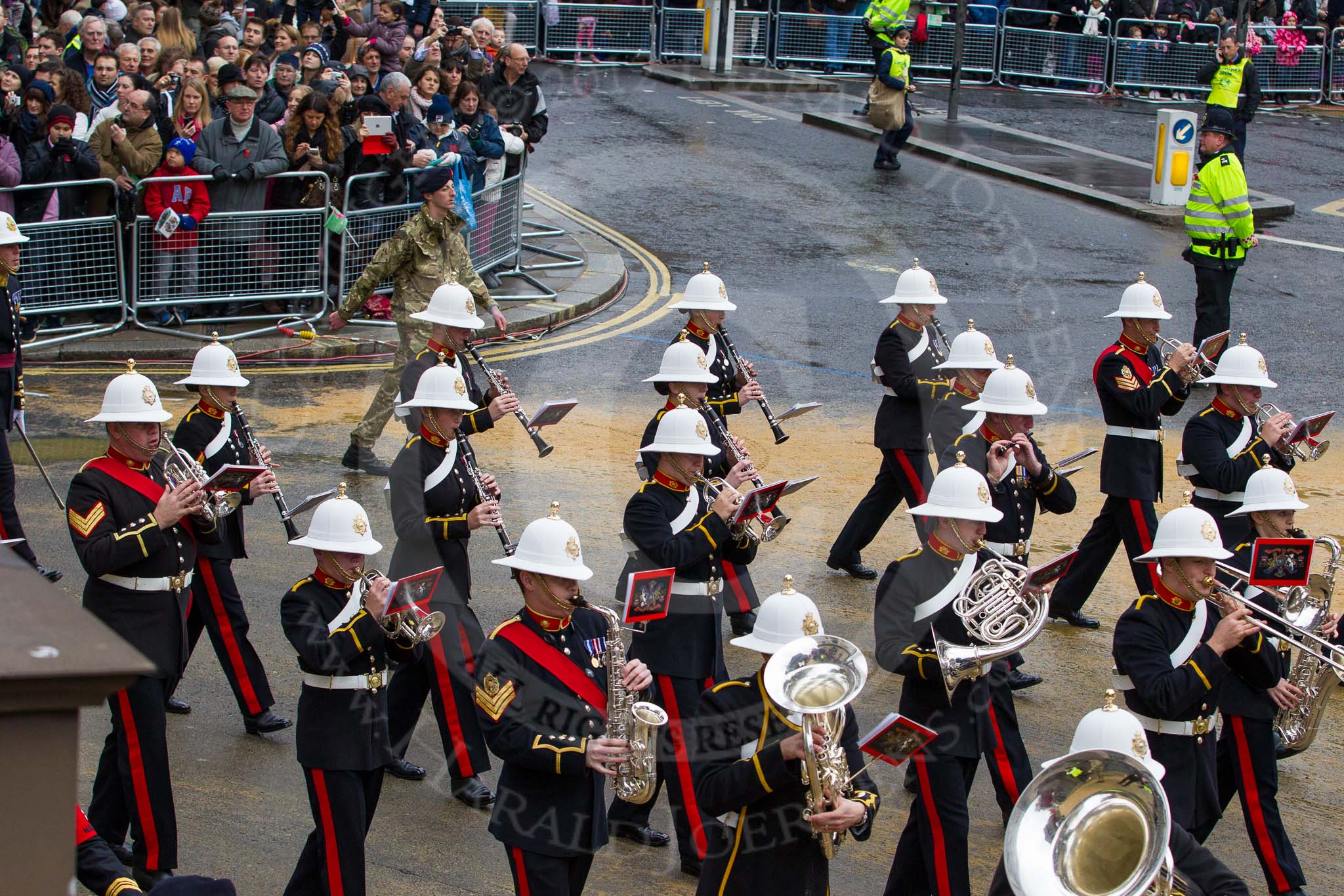 Lord Mayor's Show 2012: Entry 86 - Royal Marines Band (HMS Collingwood)..
Press stand opposite Mansion House, City of London,
London,
Greater London,
United Kingdom,
on 10 November 2012 at 11:38, image #1139