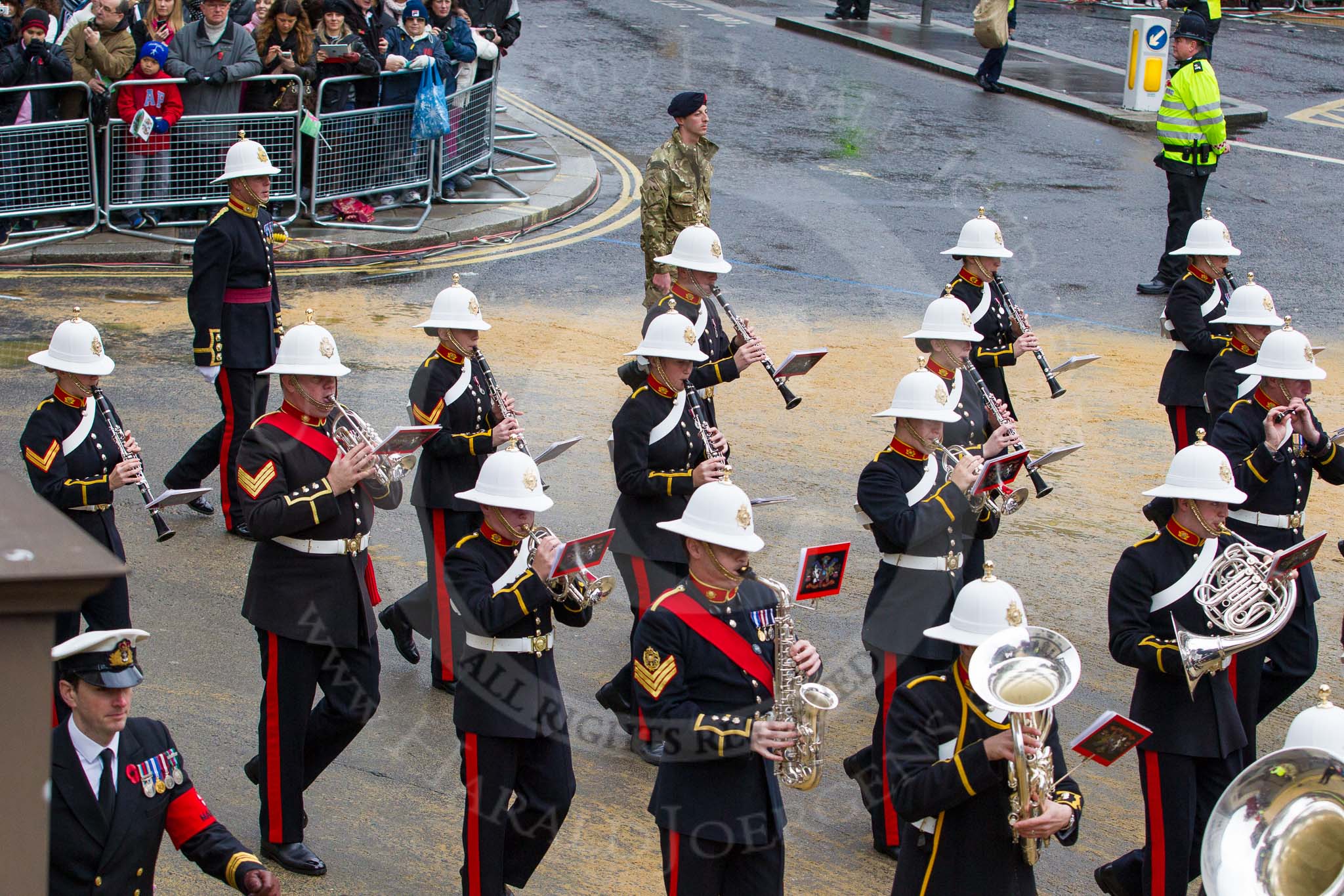 Lord Mayor's Show 2012: Entry 86 - Royal Marines Band (HMS Collingwood)..
Press stand opposite Mansion House, City of London,
London,
Greater London,
United Kingdom,
on 10 November 2012 at 11:38, image #1141