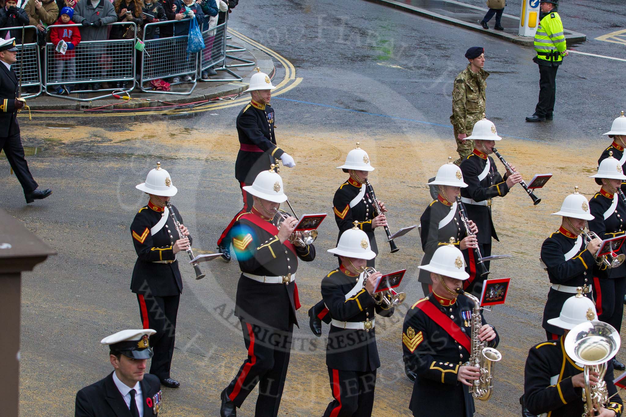 Lord Mayor's Show 2012: Entry 86 - Royal Marines Band (HMS Collingwood)..
Press stand opposite Mansion House, City of London,
London,
Greater London,
United Kingdom,
on 10 November 2012 at 11:38, image #1143