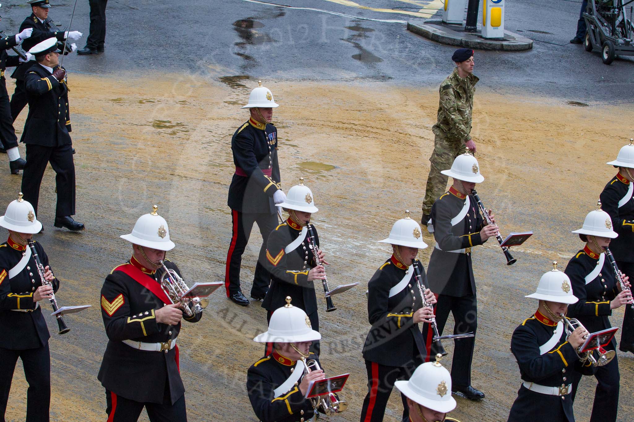 Lord Mayor's Show 2012: Entry 86 - Royal Marines Band (HMS Collingwood)..
Press stand opposite Mansion House, City of London,
London,
Greater London,
United Kingdom,
on 10 November 2012 at 11:38, image #1144