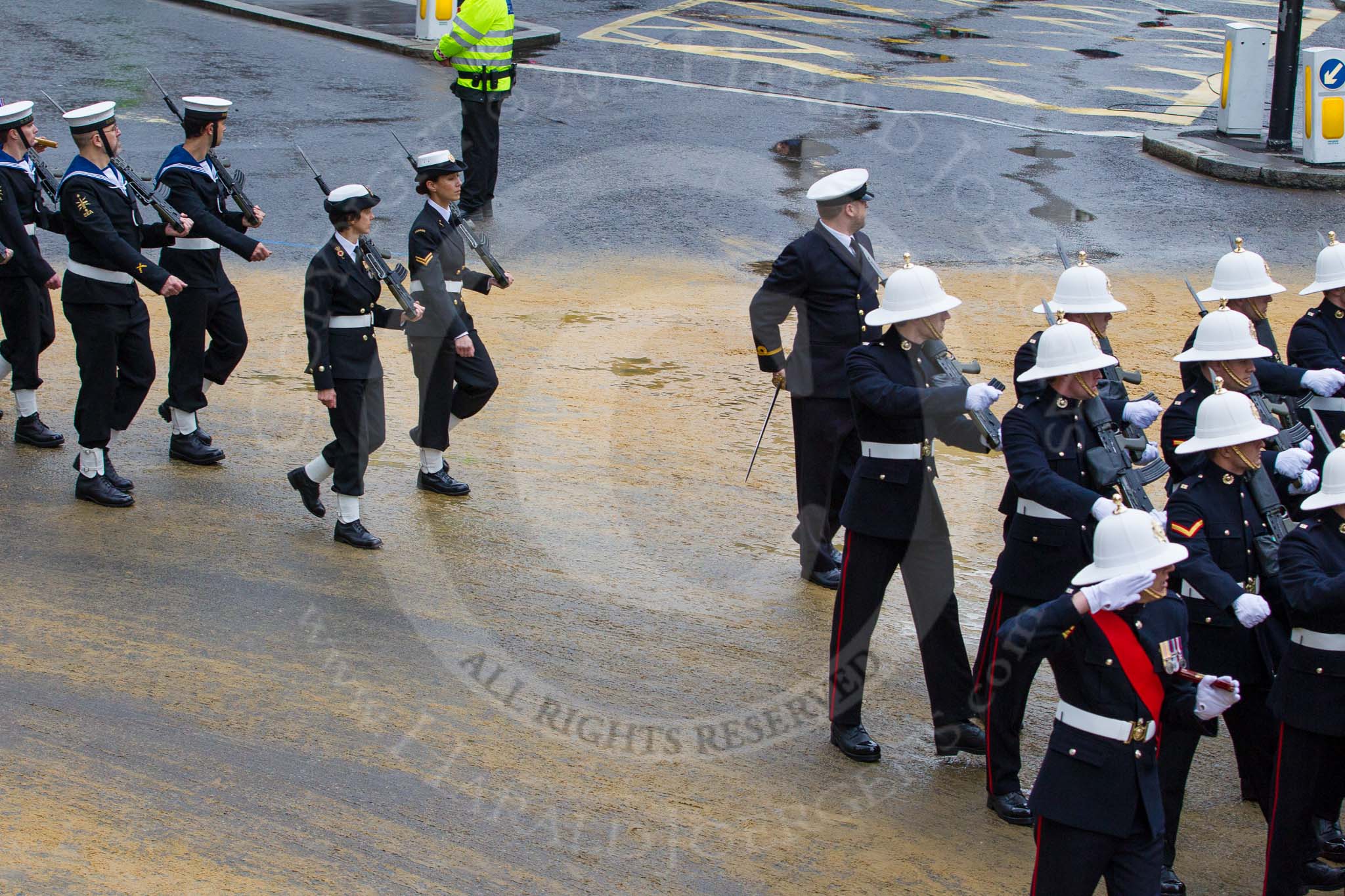 Lord Mayor's Show 2012: Entry 88 - Royal Marines and 89 - RNR London Division (HMS President)..
Press stand opposite Mansion House, City of London,
London,
Greater London,
United Kingdom,
on 10 November 2012 at 11:39, image #1164