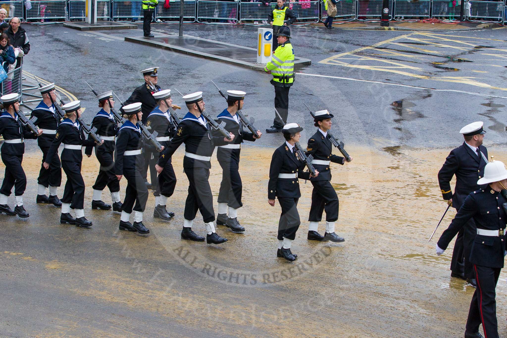 Lord Mayor's Show 2012: Entry 88 - Royal Marines and 89 - RNR London Division (HMS President)..
Press stand opposite Mansion House, City of London,
London,
Greater London,
United Kingdom,
on 10 November 2012 at 11:39, image #1165