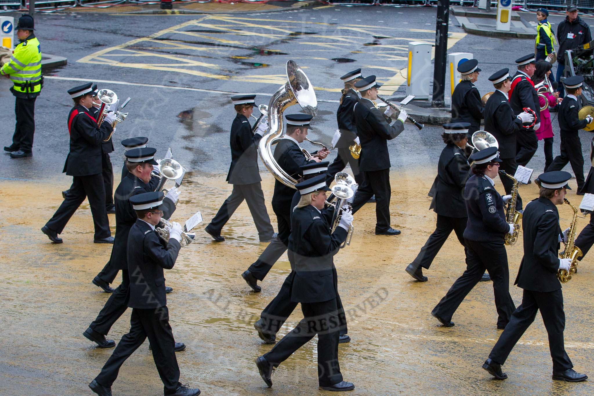 Lord Mayor's Show 2012: Entry 92 - St John Ambulance Talbot Corps of Drums..
Press stand opposite Mansion House, City of London,
London,
Greater London,
United Kingdom,
on 10 November 2012 at 11:41, image #1214