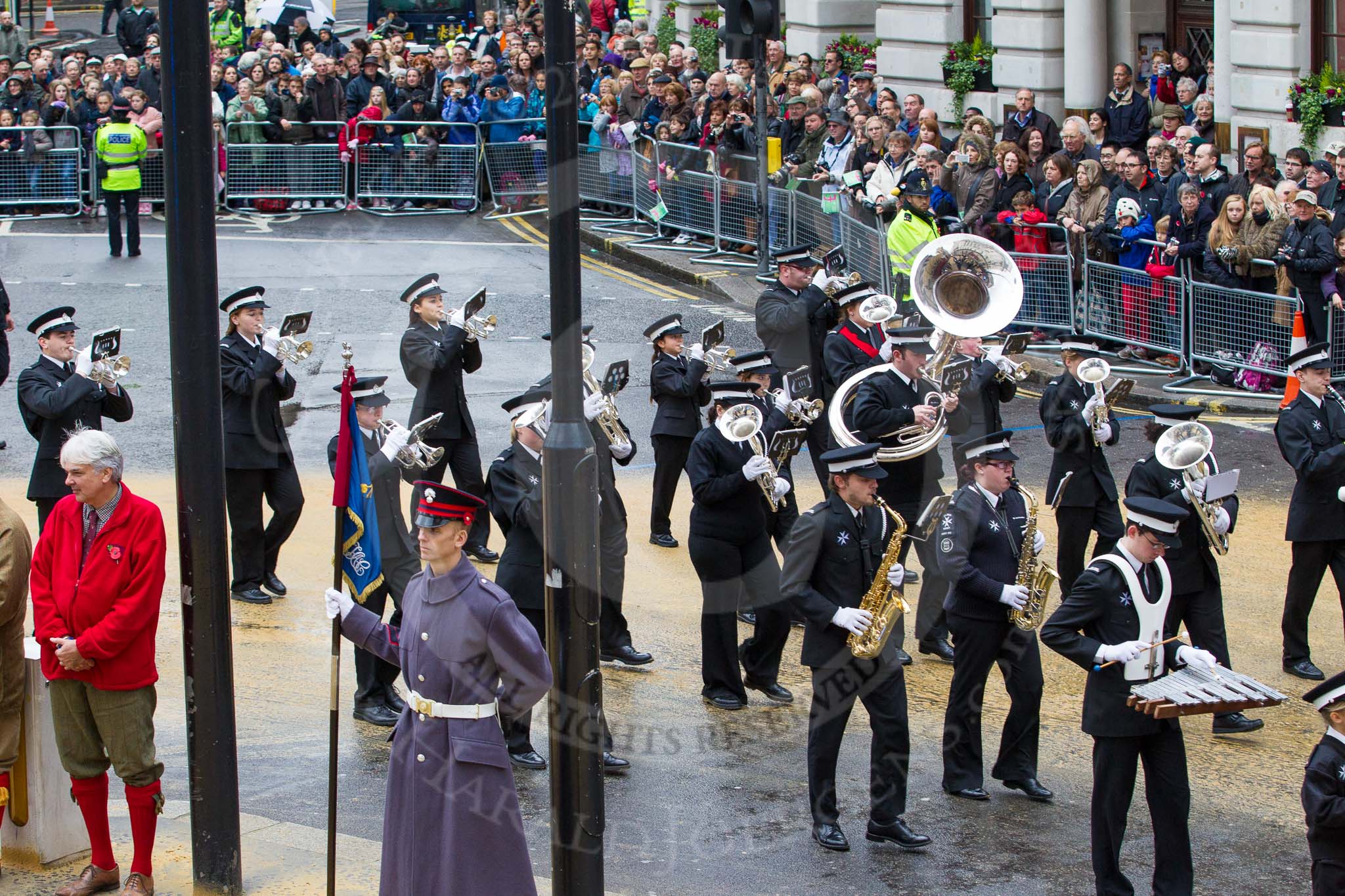 Lord Mayor's Show 2012: Entry 92 - St John Ambulance Talbot Corps of Drums..
Press stand opposite Mansion House, City of London,
London,
Greater London,
United Kingdom,
on 10 November 2012 at 11:41, image #1227