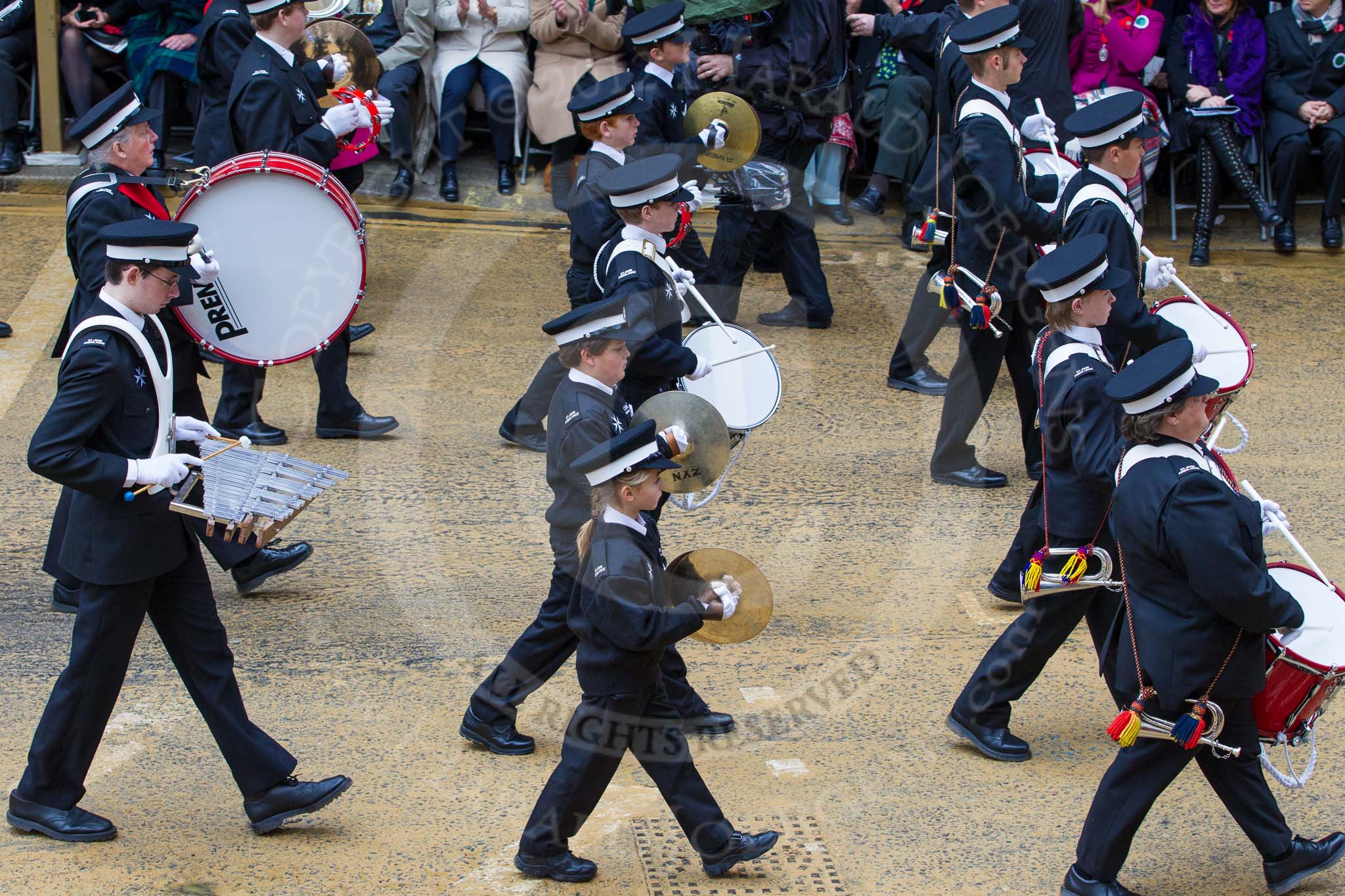 Lord Mayor's Show 2012: Entry 92 - St John Ambulance Talbot Corps of Drums..
Press stand opposite Mansion House, City of London,
London,
Greater London,
United Kingdom,
on 10 November 2012 at 11:41, image #1231