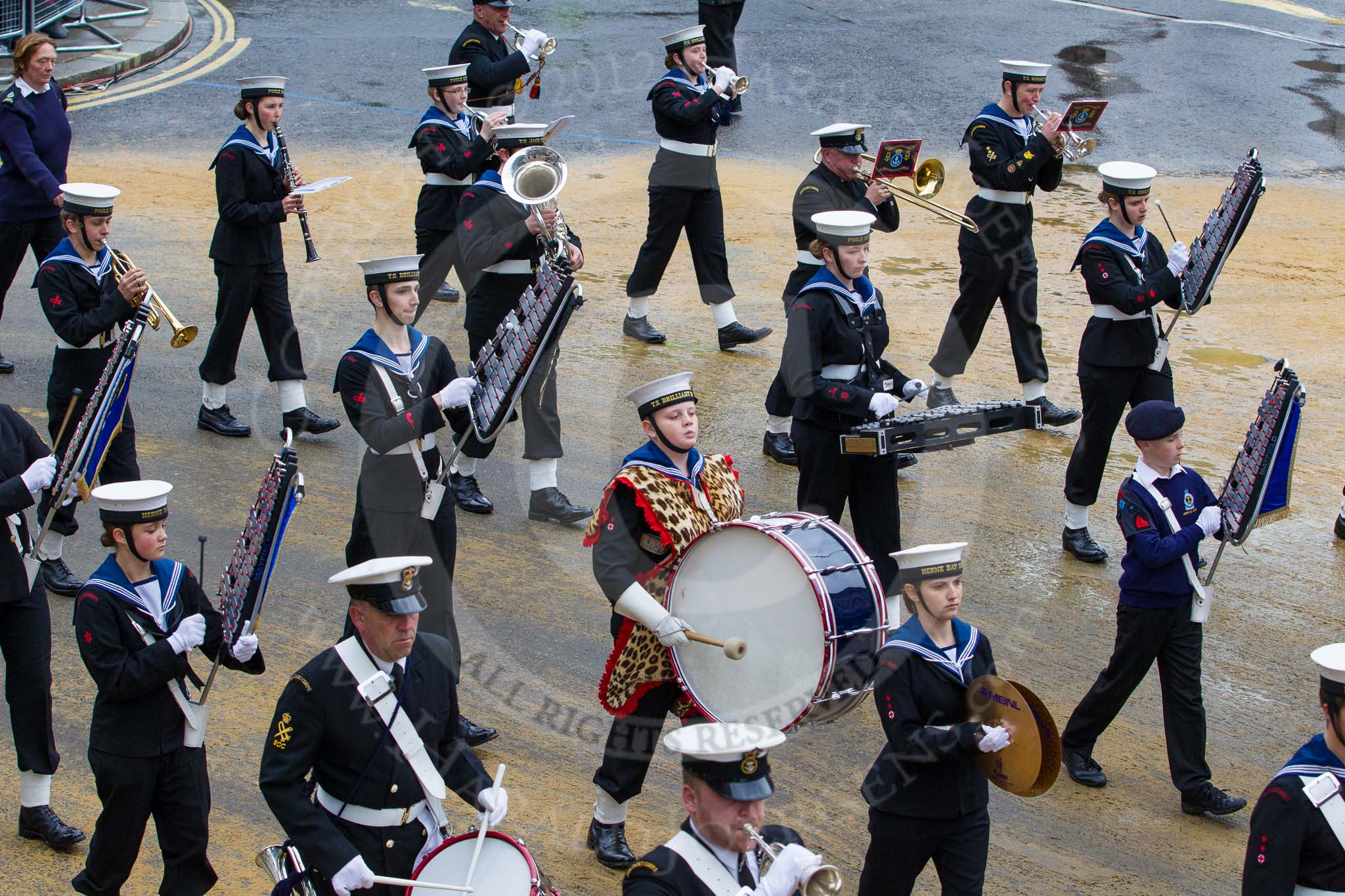 Lord Mayor's Show 2012: Entry 98 - Sea Cadet Corps Band..
Press stand opposite Mansion House, City of London,
London,
Greater London,
United Kingdom,
on 10 November 2012 at 11:45, image #1310