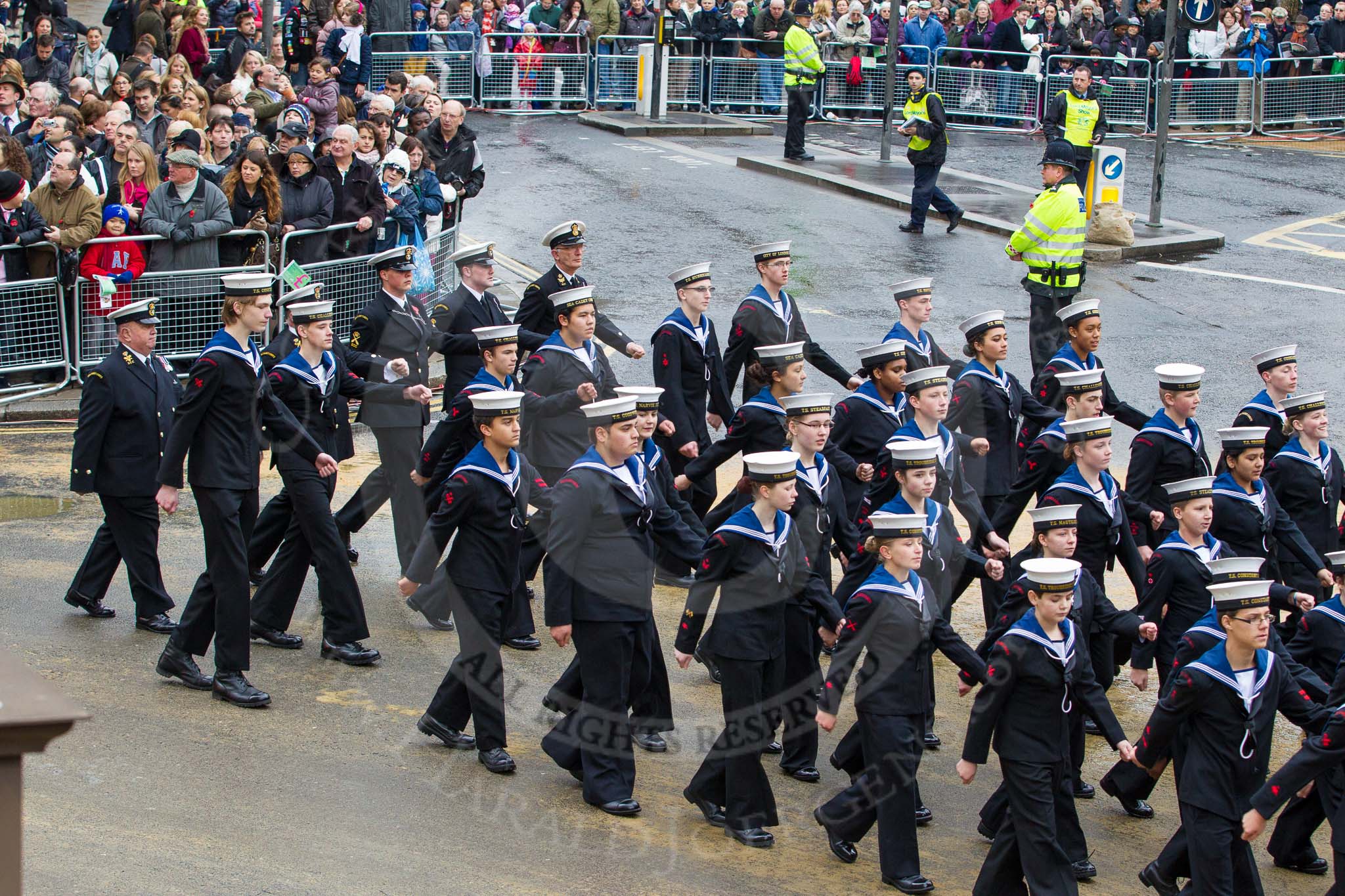 Lord Mayor's Show 2012: Entry 99 - Sea Cadet Corps (London Area)..
Press stand opposite Mansion House, City of London,
London,
Greater London,
United Kingdom,
on 10 November 2012 at 11:46, image #1325