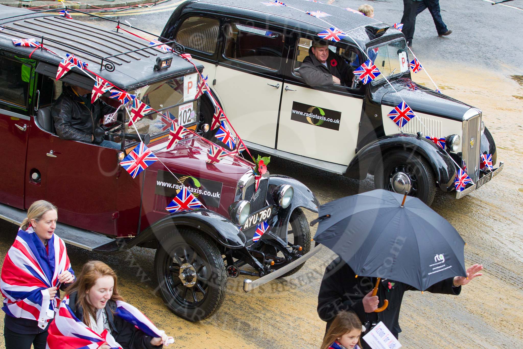 Lord Mayor's Show 2012: Entry 102 - Radio Taxis, supporting the charity Action for Kids..
Press stand opposite Mansion House, City of London,
London,
Greater London,
United Kingdom,
on 10 November 2012 at 11:49, image #1372