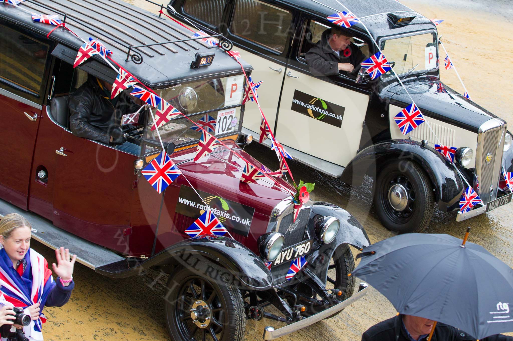 Lord Mayor's Show 2012: Entry 102 - Radio Taxis, supporting the charity Action for Kids..
Press stand opposite Mansion House, City of London,
London,
Greater London,
United Kingdom,
on 10 November 2012 at 11:49, image #1374