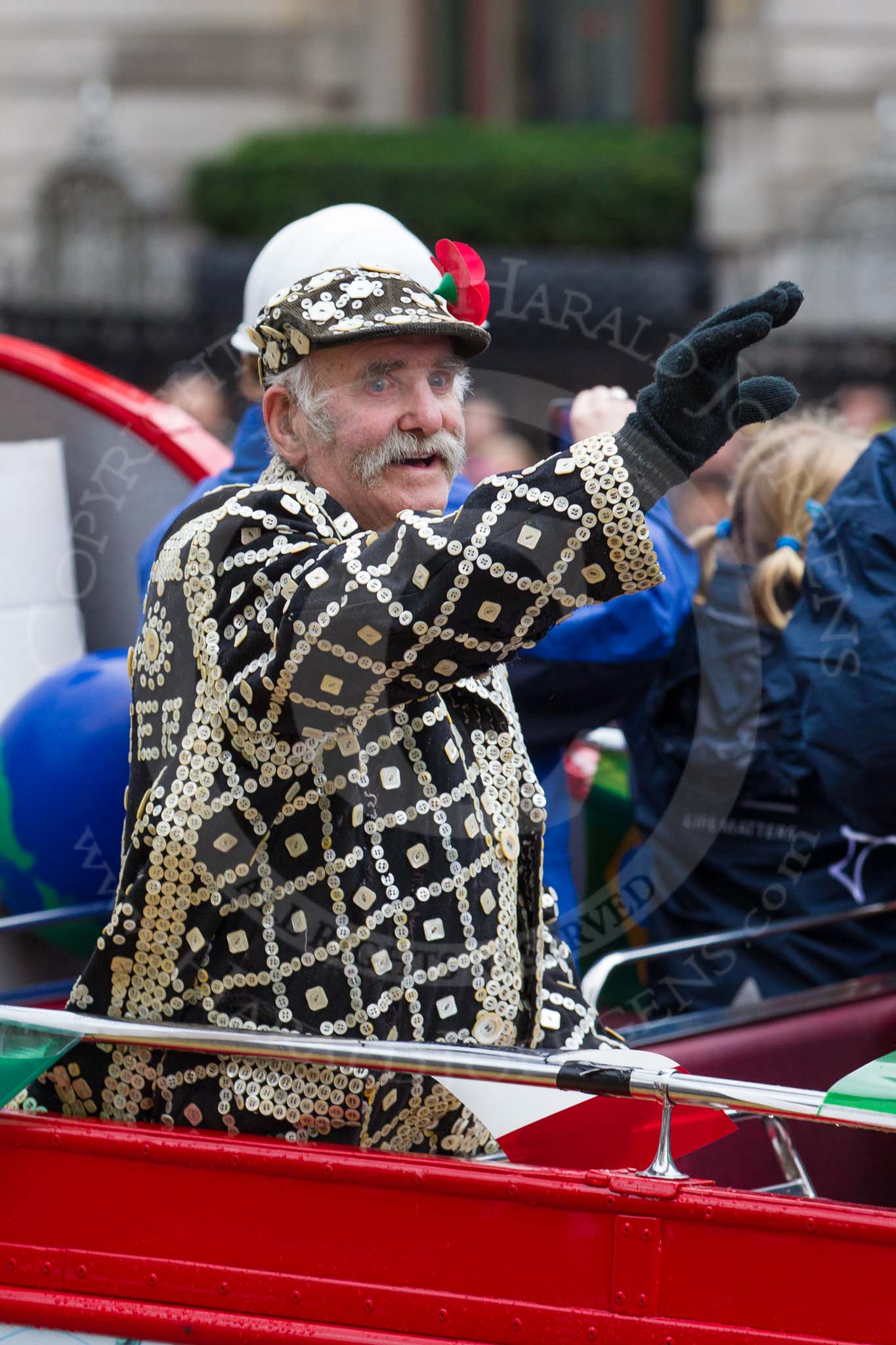 Lord Mayor's Show 2012: Entry 103 - Lloyd’s Register, with a London Pearly King..
Press stand opposite Mansion House, City of London,
London,
Greater London,
United Kingdom,
on 10 November 2012 at 11:50, image #1401