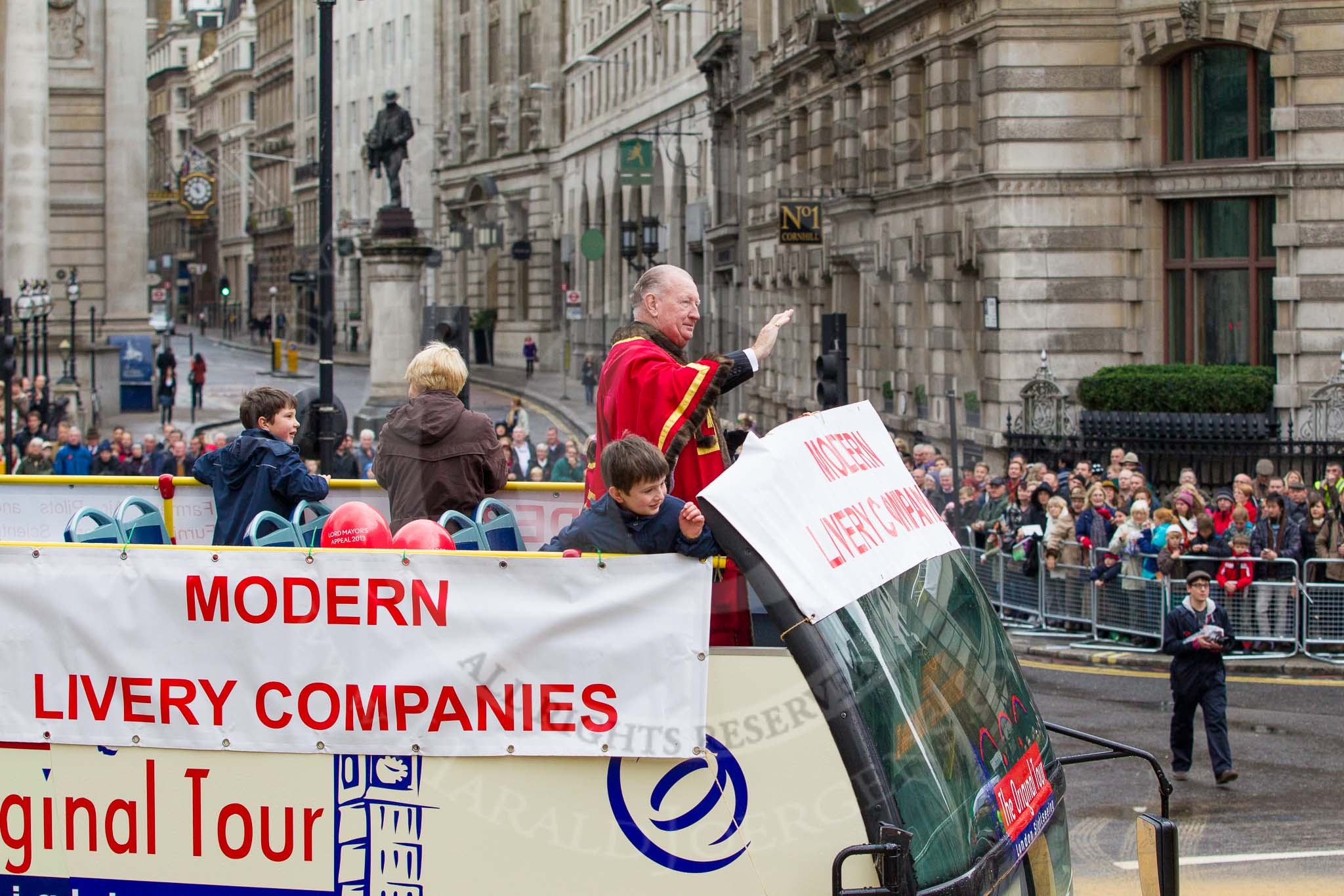 Lord Mayor's Show 2012: Entrry 104 - Modern Livery Companies, representing 26 Livery Companies..
Press stand opposite Mansion House, City of London,
London,
Greater London,
United Kingdom,
on 10 November 2012 at 11:50, image #1404