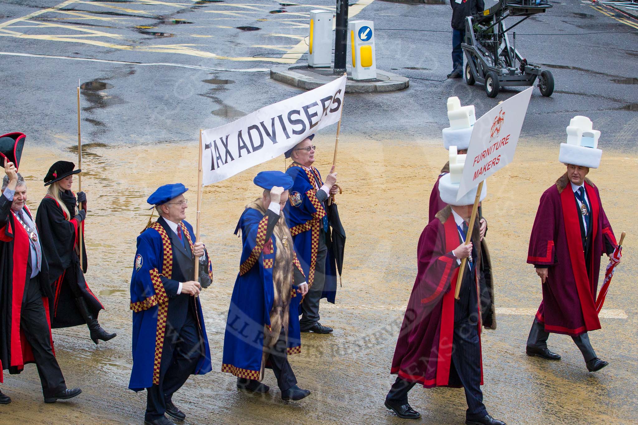 Lord Mayor's Show 2012: Entrry 104 - Modern Livery Companies, representing 26 Livery Companies..
Press stand opposite Mansion House, City of London,
London,
Greater London,
United Kingdom,
on 10 November 2012 at 11:51, image #1437