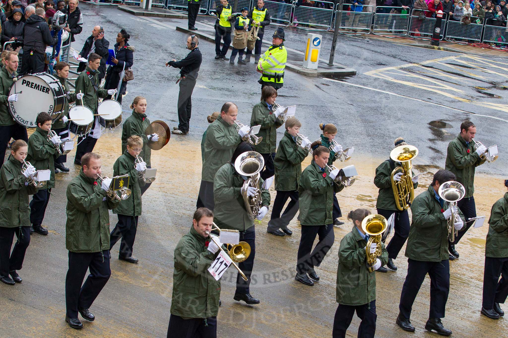 Lord Mayor's Show 2012: Entry 117 - 1st Hook Scout & Guide Band..
Press stand opposite Mansion House, City of London,
London,
Greater London,
United Kingdom,
on 10 November 2012 at 11:59, image #1668