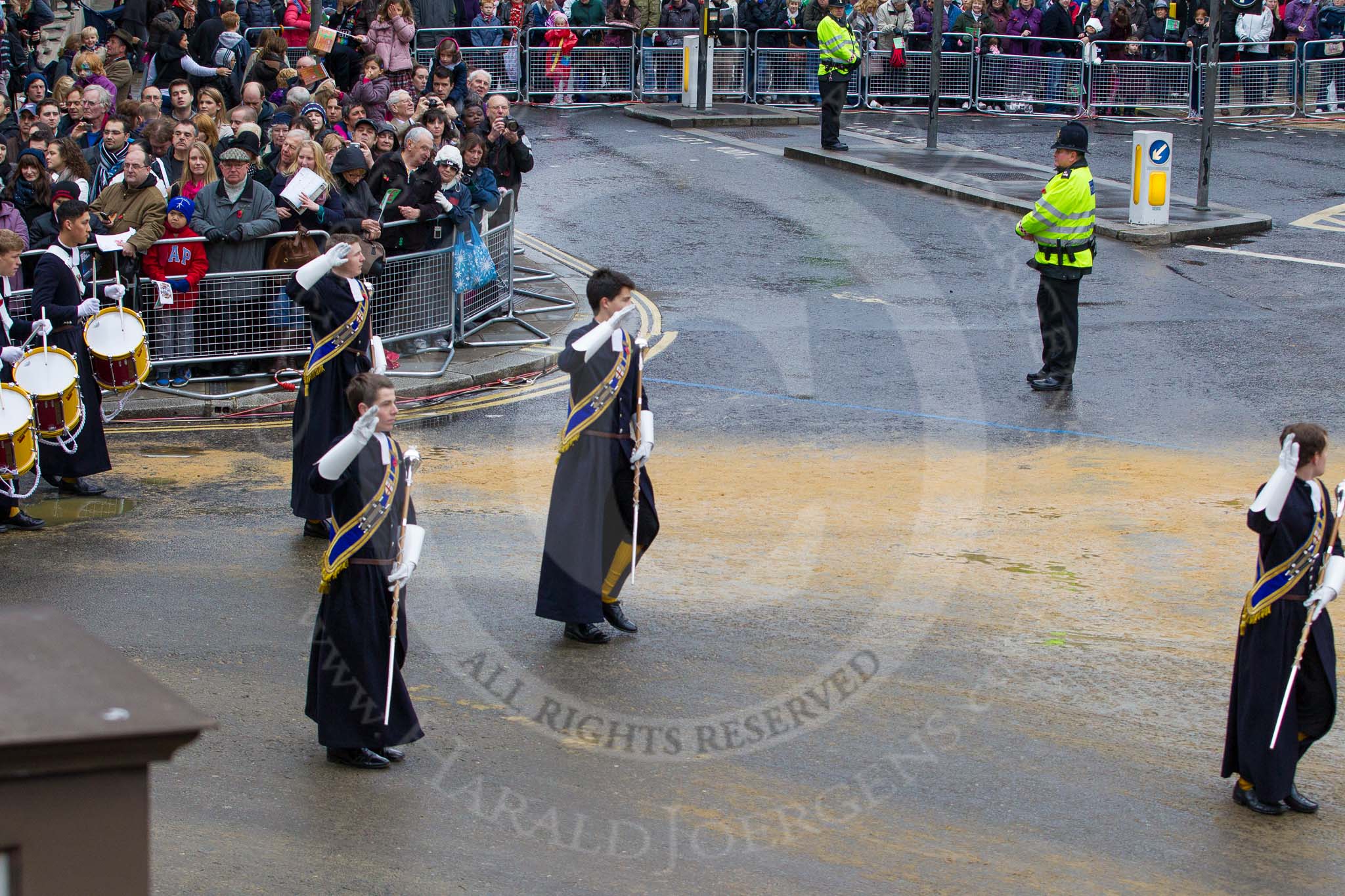 Lord Mayor's Show 2012: Entry 123 - Christ's Hospital School Band..
Press stand opposite Mansion House, City of London,
London,
Greater London,
United Kingdom,
on 10 November 2012 at 12:02, image #1752