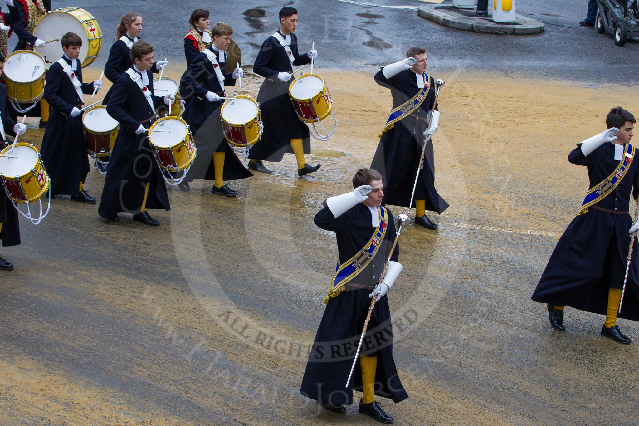 Lord Mayor's Show 2012: Entry 123 - Christ's Hospital School Band..
Press stand opposite Mansion House, City of London,
London,
Greater London,
United Kingdom,
on 10 November 2012 at 12:02, image #1756