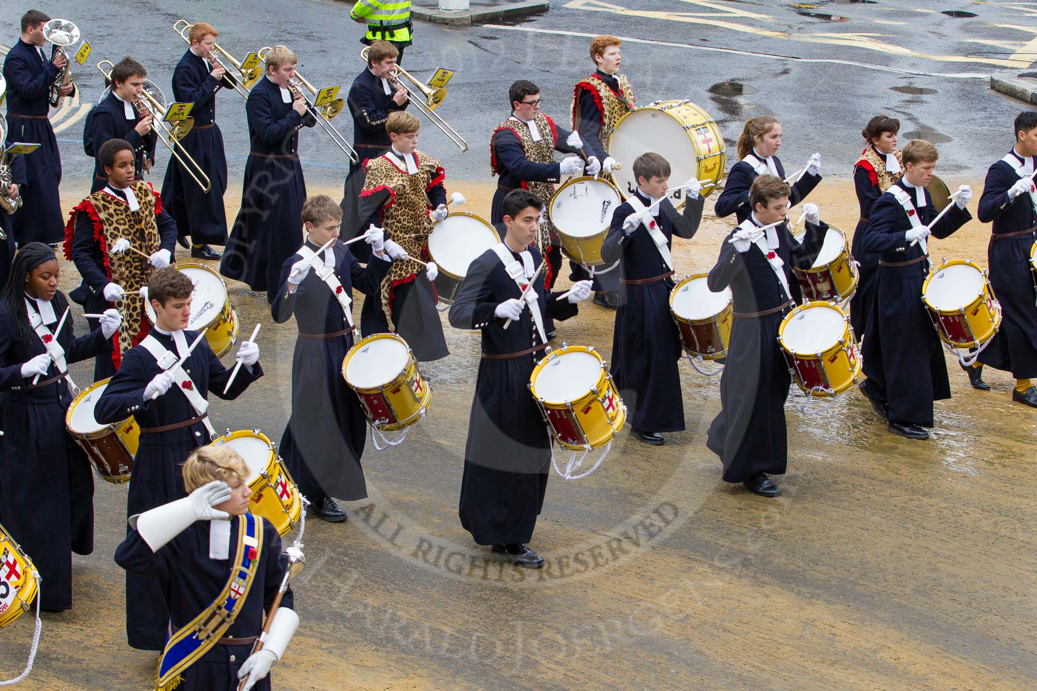 Lord Mayor's Show 2012: Entry 123 - Christ's Hospital School Band..
Press stand opposite Mansion House, City of London,
London,
Greater London,
United Kingdom,
on 10 November 2012 at 12:02, image #1759