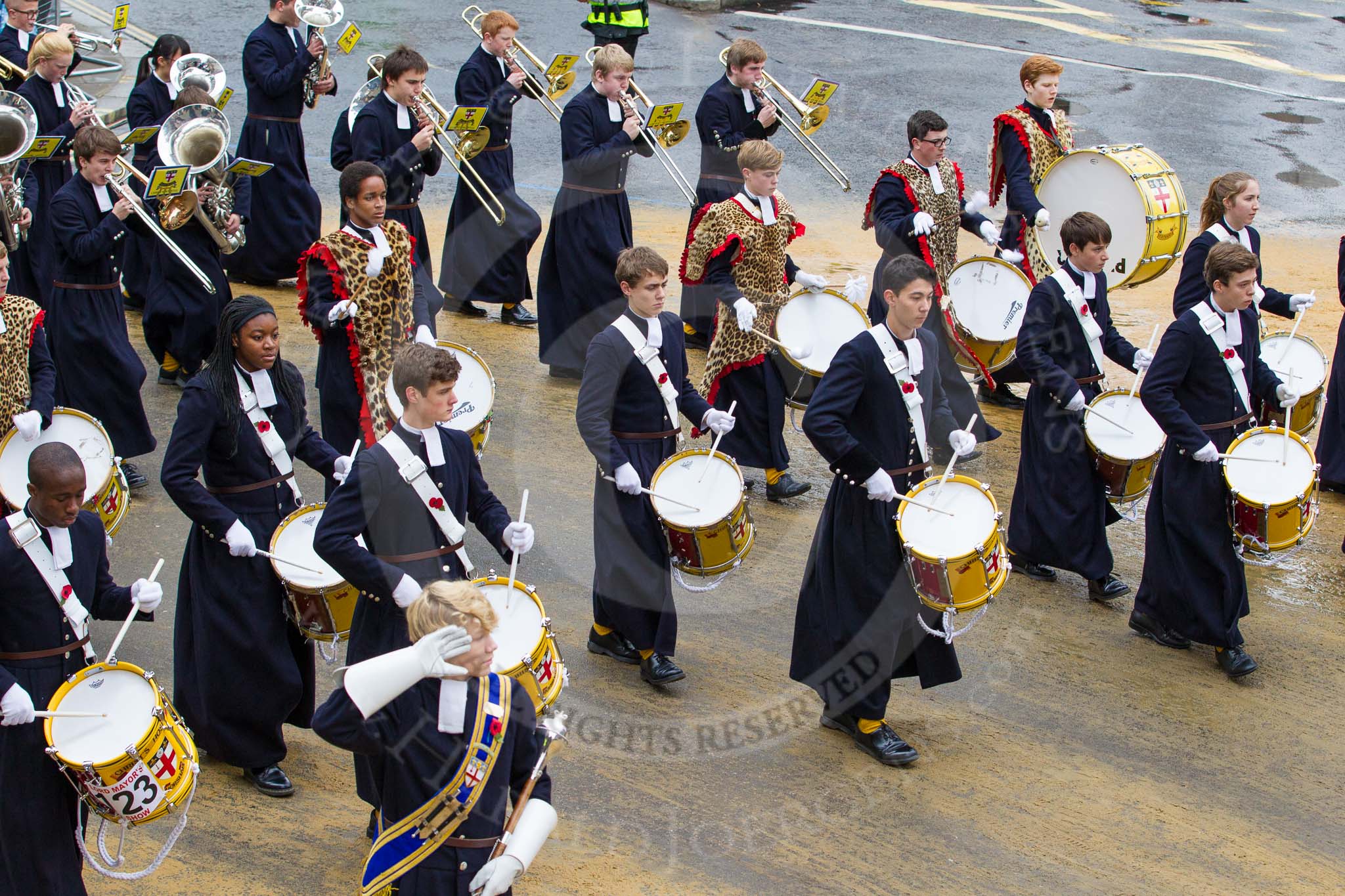 Lord Mayor's Show 2012: Entry 123 - Christ's Hospital School Band..
Press stand opposite Mansion House, City of London,
London,
Greater London,
United Kingdom,
on 10 November 2012 at 12:02, image #1760
