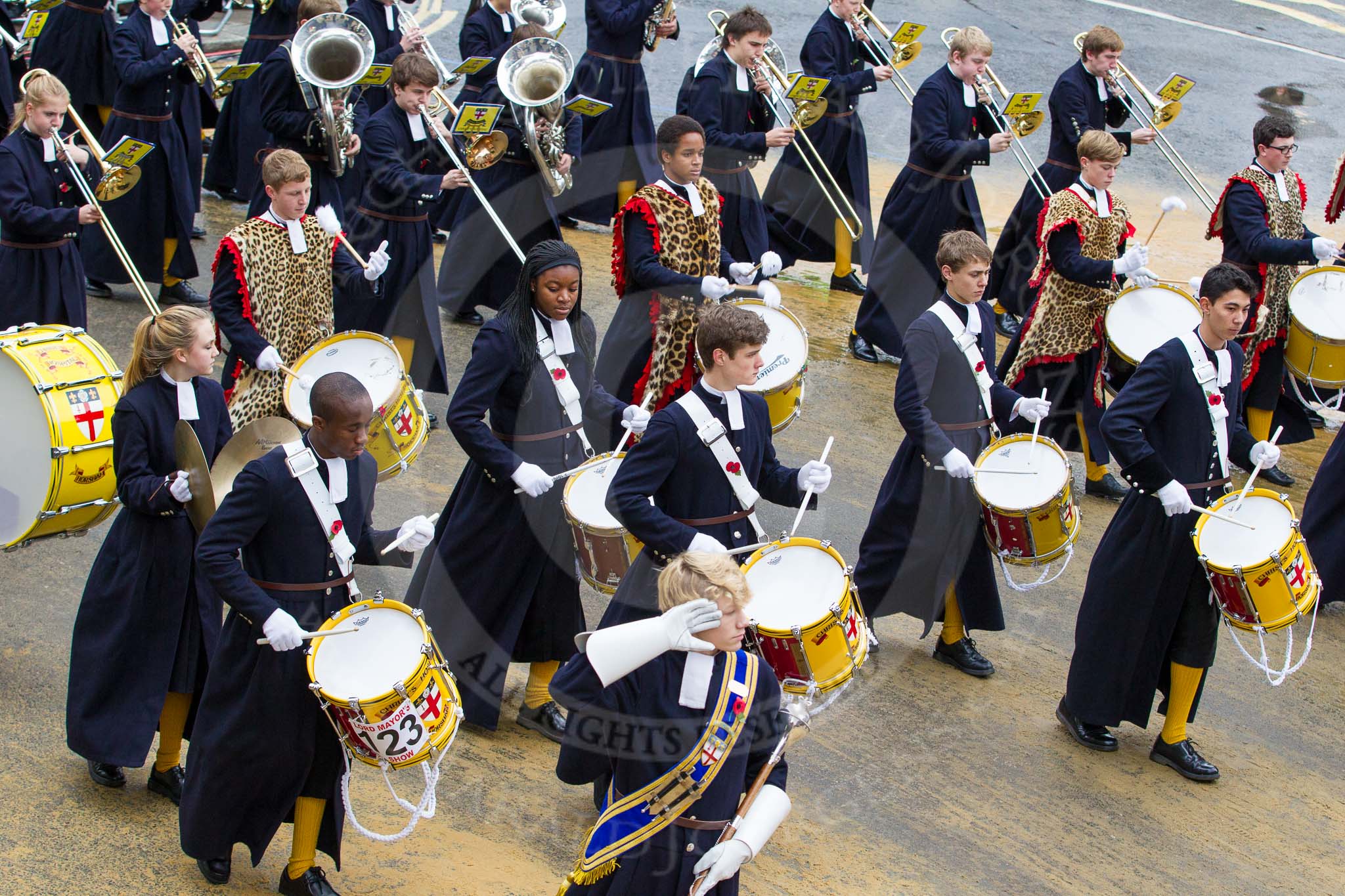 Lord Mayor's Show 2012: Entry 123 - Christ's Hospital School Band..
Press stand opposite Mansion House, City of London,
London,
Greater London,
United Kingdom,
on 10 November 2012 at 12:02, image #1761