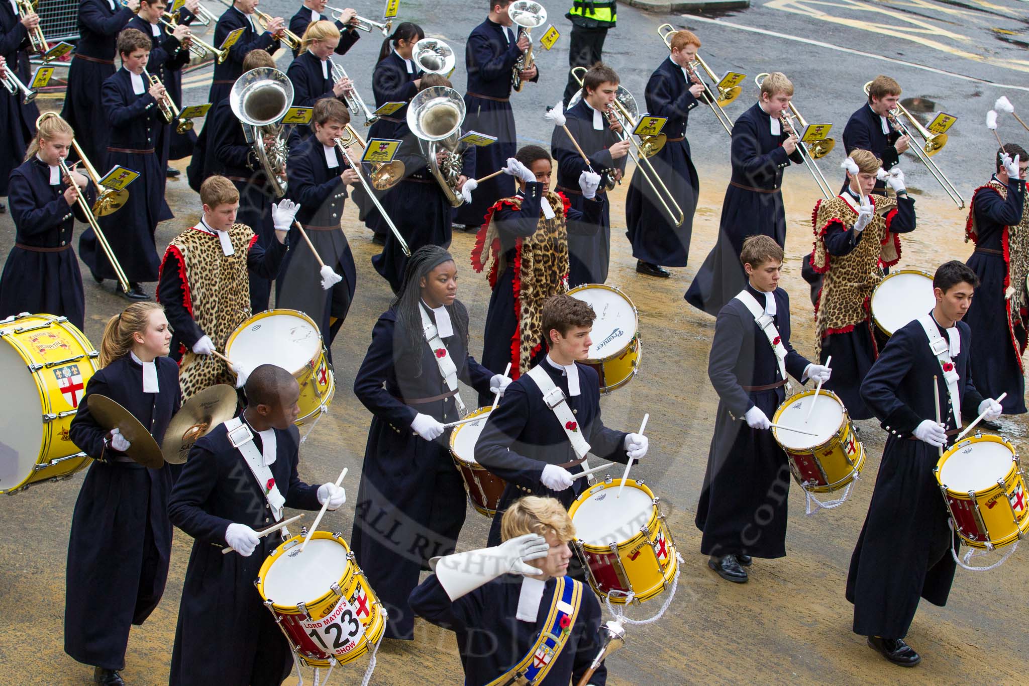 Lord Mayor's Show 2012: Entry 123 - Christ's Hospital School Band..
Press stand opposite Mansion House, City of London,
London,
Greater London,
United Kingdom,
on 10 November 2012 at 12:02, image #1762