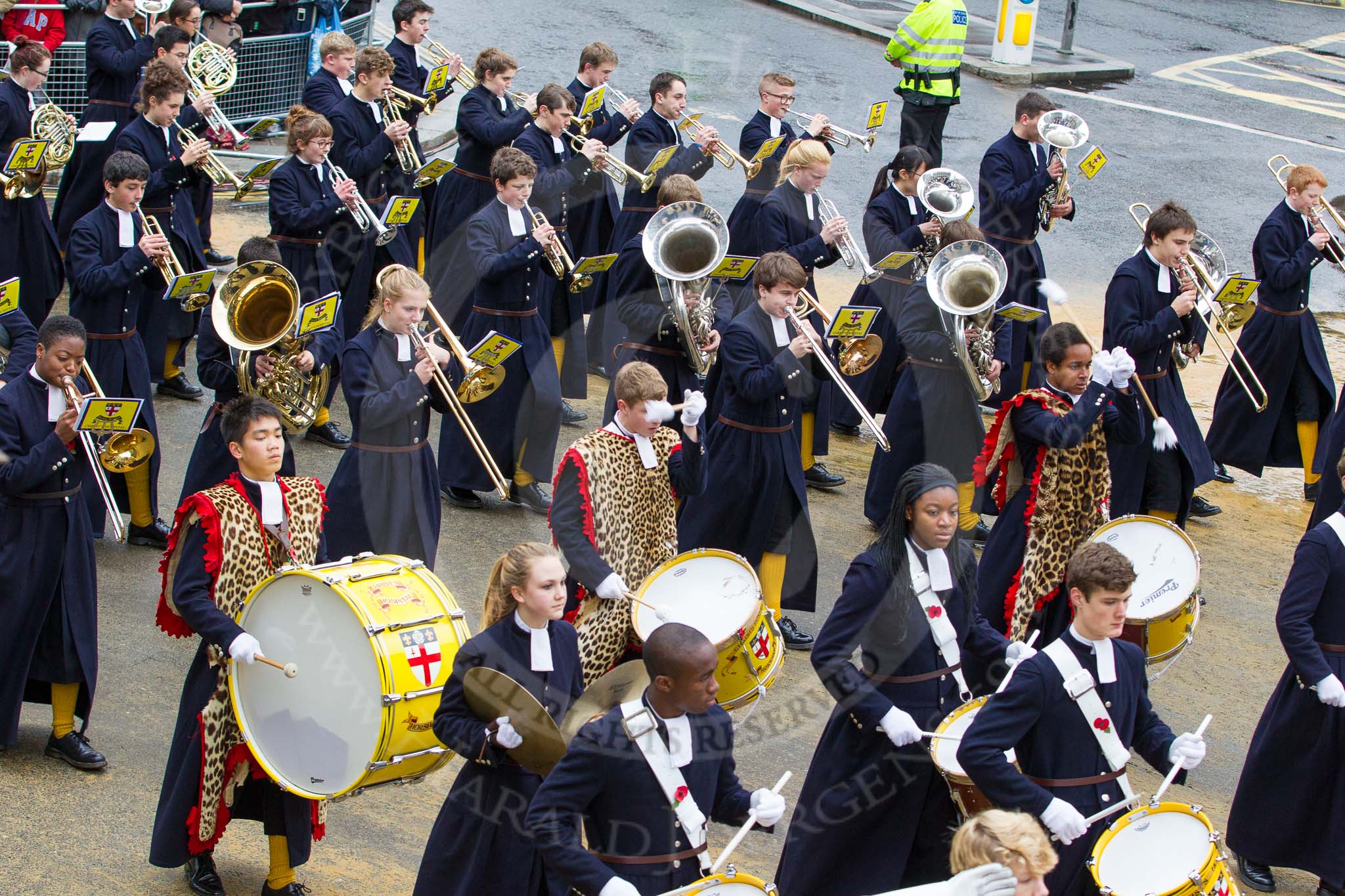 Lord Mayor's Show 2012: Entry 123 - Christ's Hospital School Band..
Press stand opposite Mansion House, City of London,
London,
Greater London,
United Kingdom,
on 10 November 2012 at 12:02, image #1764