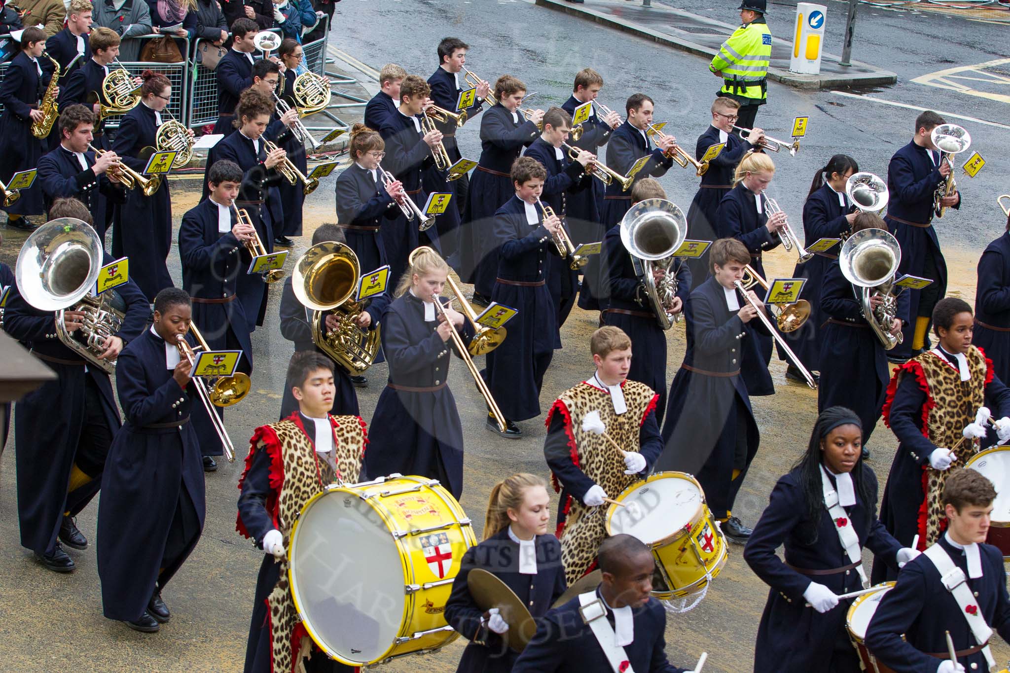 Lord Mayor's Show 2012: Entry 123 - Christ's Hospital School Band..
Press stand opposite Mansion House, City of London,
London,
Greater London,
United Kingdom,
on 10 November 2012 at 12:02, image #1765