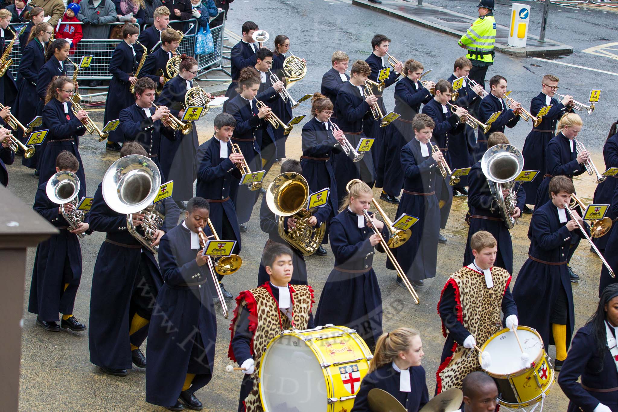Lord Mayor's Show 2012: Entry 123 - Christ's Hospital School Band..
Press stand opposite Mansion House, City of London,
London,
Greater London,
United Kingdom,
on 10 November 2012 at 12:02, image #1767