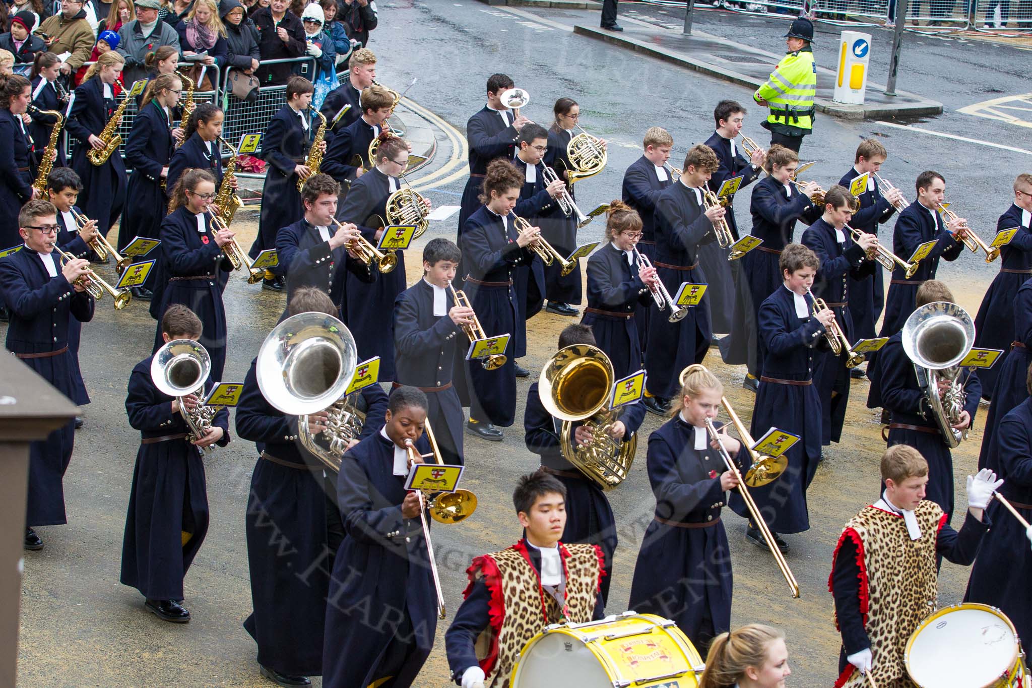 Lord Mayor's Show 2012: Entry 123 - Christ's Hospital School Band..
Press stand opposite Mansion House, City of London,
London,
Greater London,
United Kingdom,
on 10 November 2012 at 12:02, image #1768