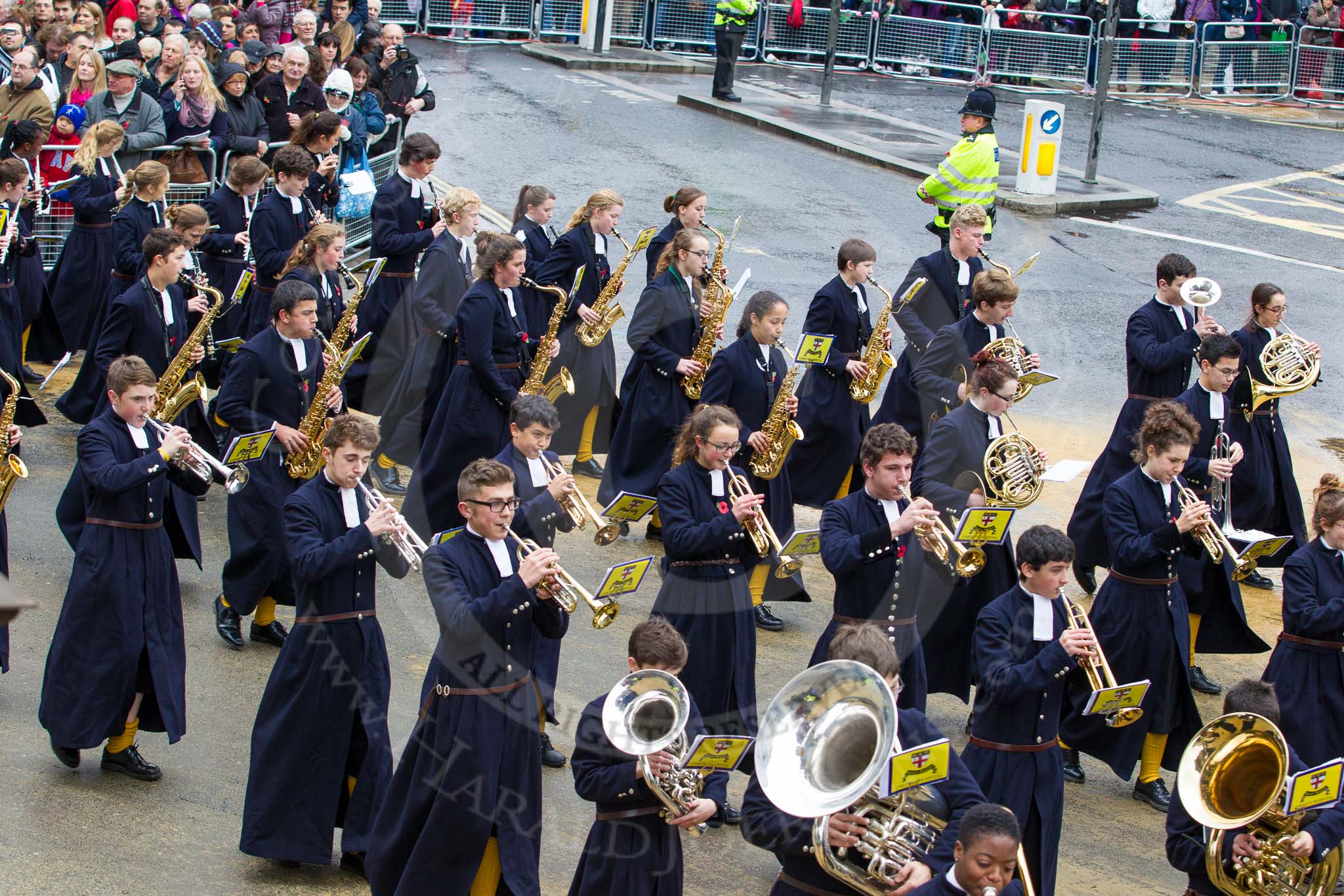 Lord Mayor's Show 2012: Entry 123 - Christ's Hospital School Band..
Press stand opposite Mansion House, City of London,
London,
Greater London,
United Kingdom,
on 10 November 2012 at 12:02, image #1773