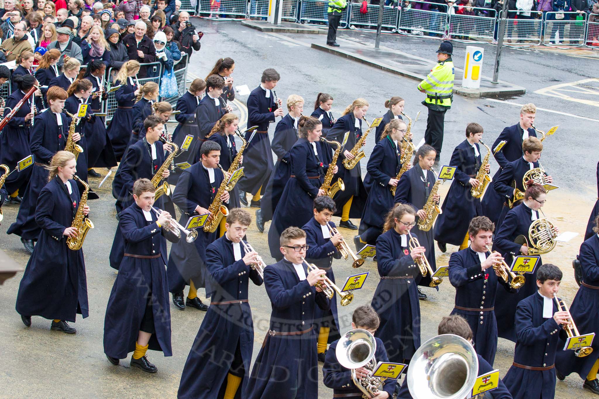 Lord Mayor's Show 2012: Entry 123 - Christ's Hospital School Band..
Press stand opposite Mansion House, City of London,
London,
Greater London,
United Kingdom,
on 10 November 2012 at 12:02, image #1775