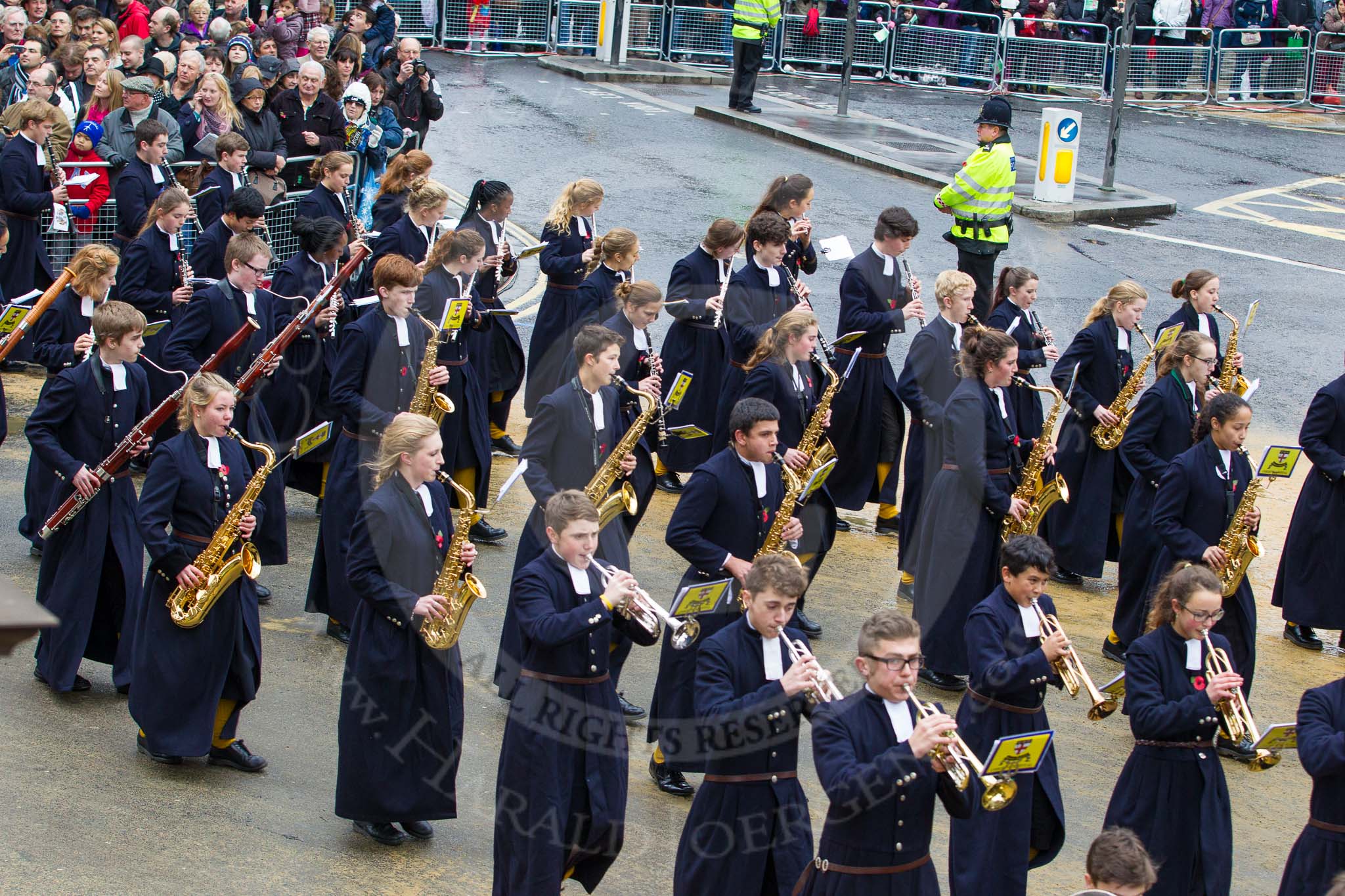 Lord Mayor's Show 2012: Entry 123 - Christ's Hospital School Band..
Press stand opposite Mansion House, City of London,
London,
Greater London,
United Kingdom,
on 10 November 2012 at 12:02, image #1777