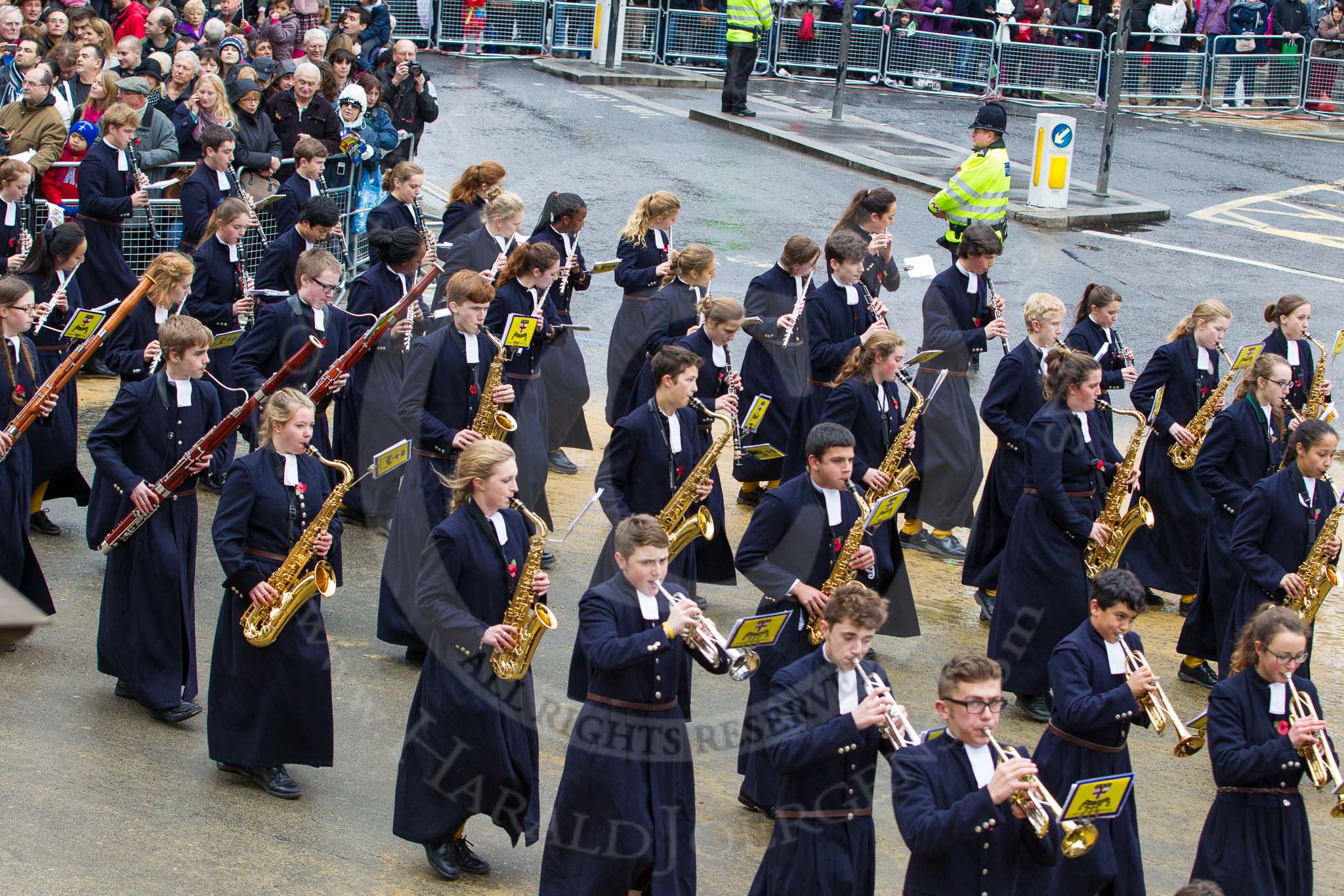 Lord Mayor's Show 2012: Entry 123 - Christ's Hospital School Band..
Press stand opposite Mansion House, City of London,
London,
Greater London,
United Kingdom,
on 10 November 2012 at 12:02, image #1778