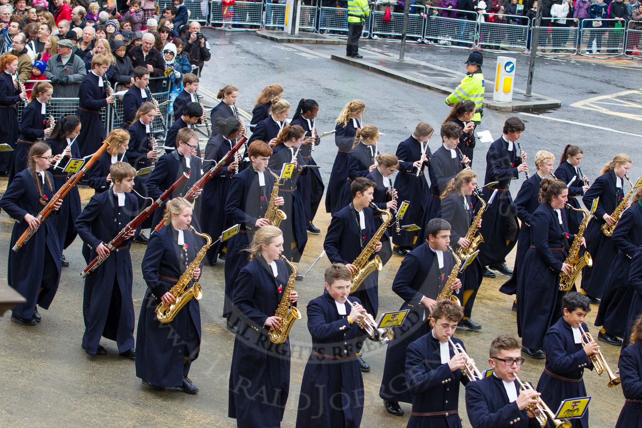 Lord Mayor's Show 2012: Entry 123 - Christ's Hospital School Band..
Press stand opposite Mansion House, City of London,
London,
Greater London,
United Kingdom,
on 10 November 2012 at 12:02, image #1779