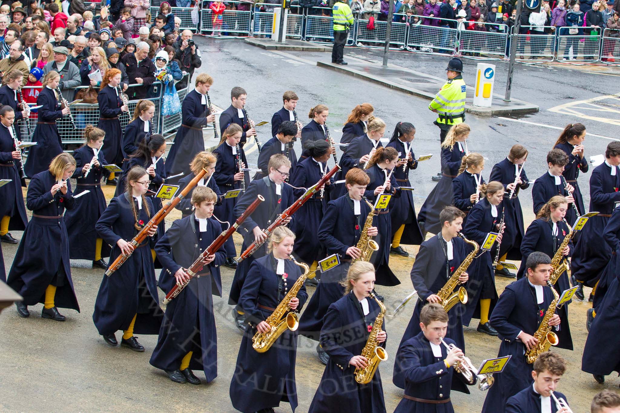 Lord Mayor's Show 2012: Entry 123 - Christ's Hospital School Band..
Press stand opposite Mansion House, City of London,
London,
Greater London,
United Kingdom,
on 10 November 2012 at 12:02, image #1781