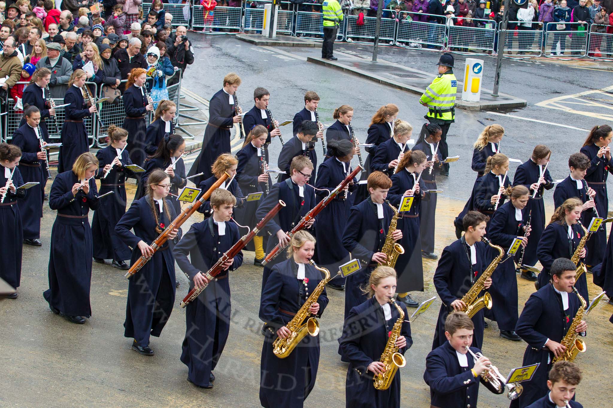 Lord Mayor's Show 2012: Entry 123 - Christ's Hospital School Band..
Press stand opposite Mansion House, City of London,
London,
Greater London,
United Kingdom,
on 10 November 2012 at 12:02, image #1782