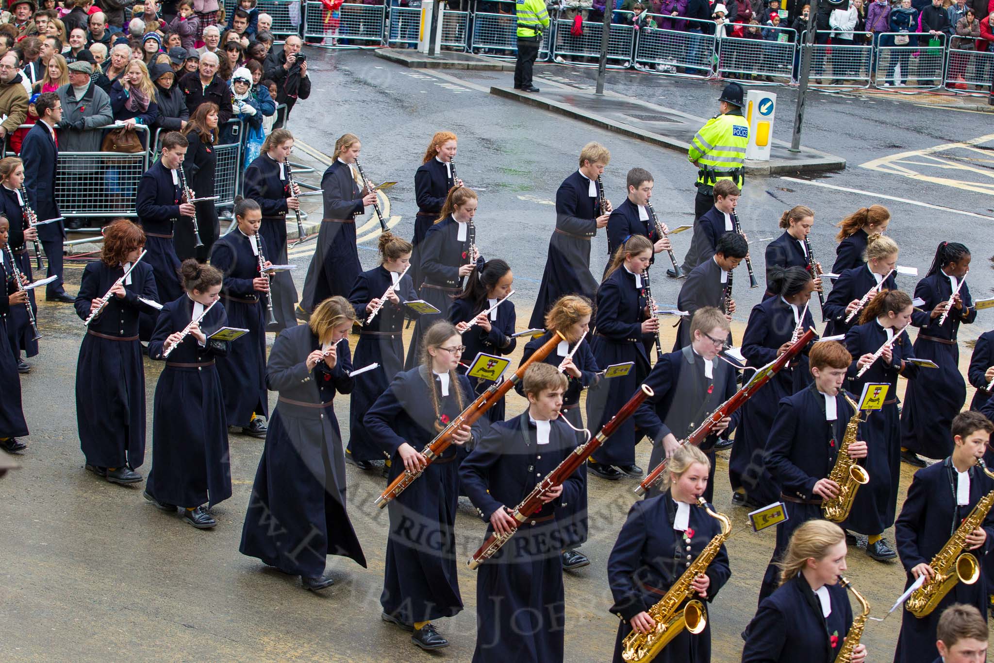 Lord Mayor's Show 2012: Entry 123 - Christ's Hospital School Band..
Press stand opposite Mansion House, City of London,
London,
Greater London,
United Kingdom,
on 10 November 2012 at 12:02, image #1785