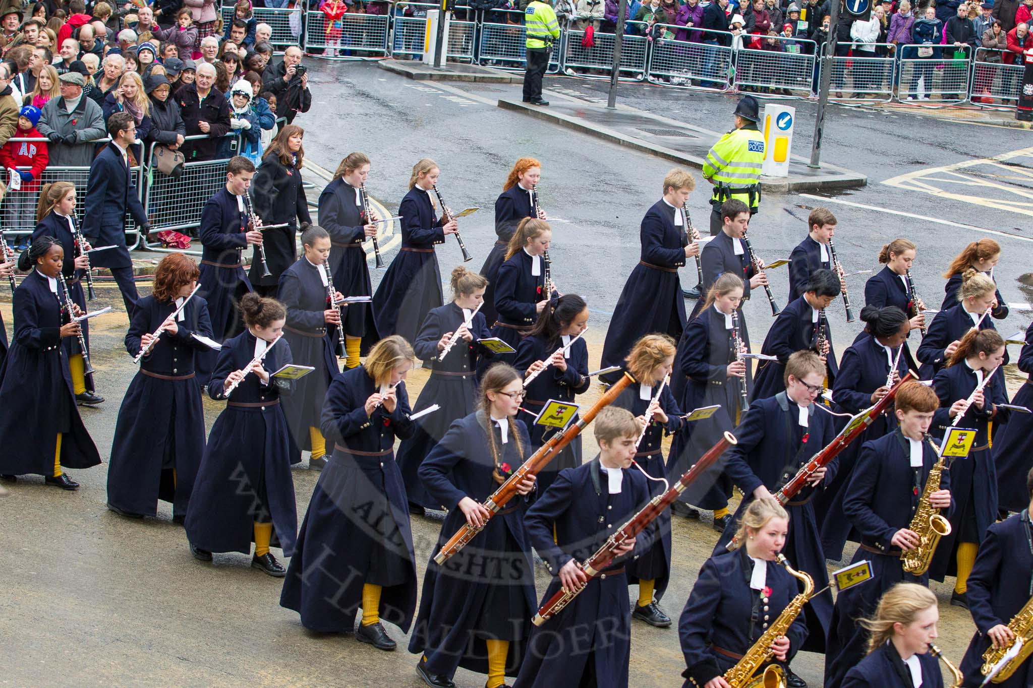 Lord Mayor's Show 2012: Entry 123 - Christ's Hospital School Band..
Press stand opposite Mansion House, City of London,
London,
Greater London,
United Kingdom,
on 10 November 2012 at 12:02, image #1786