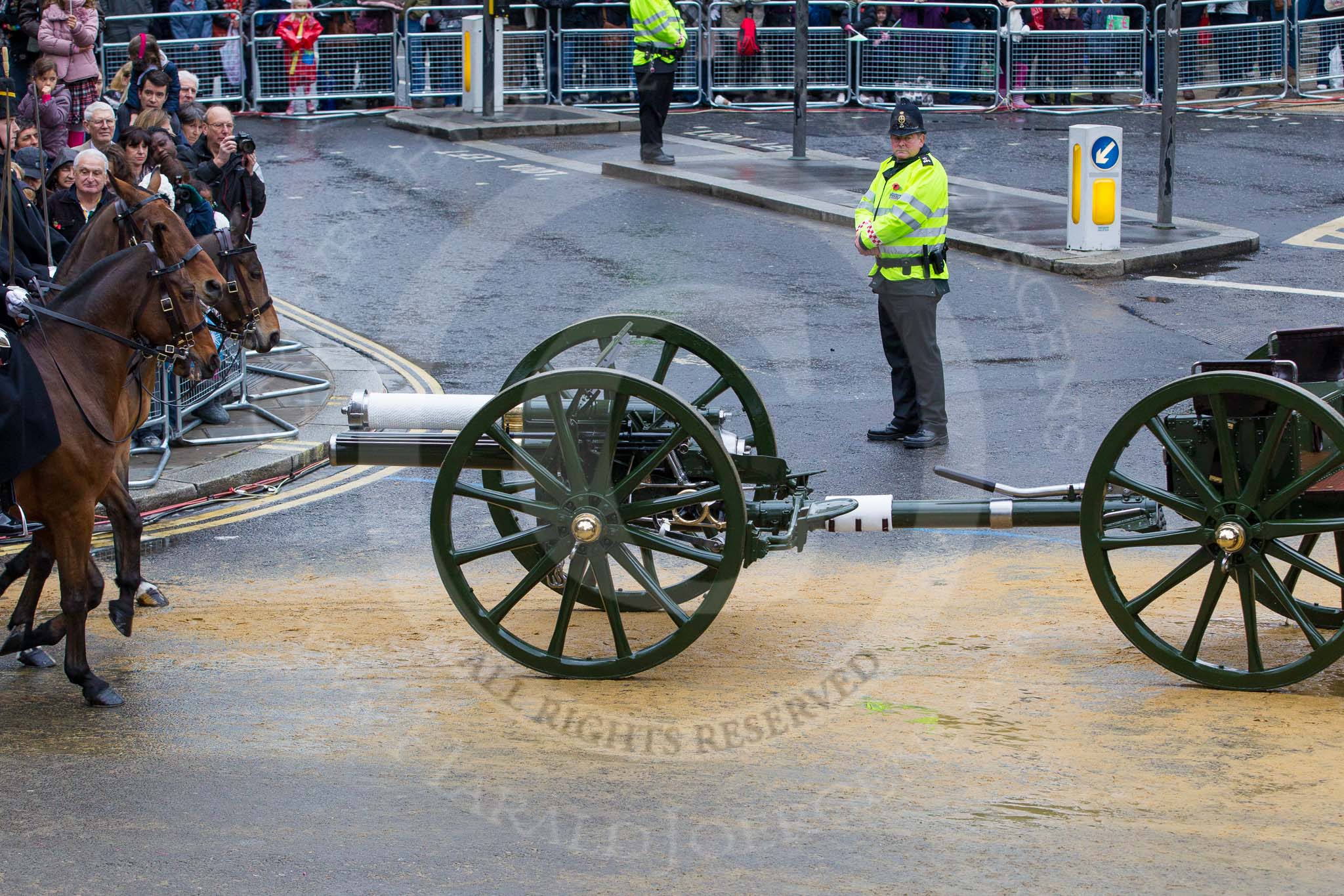 Lord Mayor's Show 2012: Entry 124 - The King’s Troop Royal Horse Artillery (RHA)..
Press stand opposite Mansion House, City of London,
London,
Greater London,
United Kingdom,
on 10 November 2012 at 12:02, image #1798