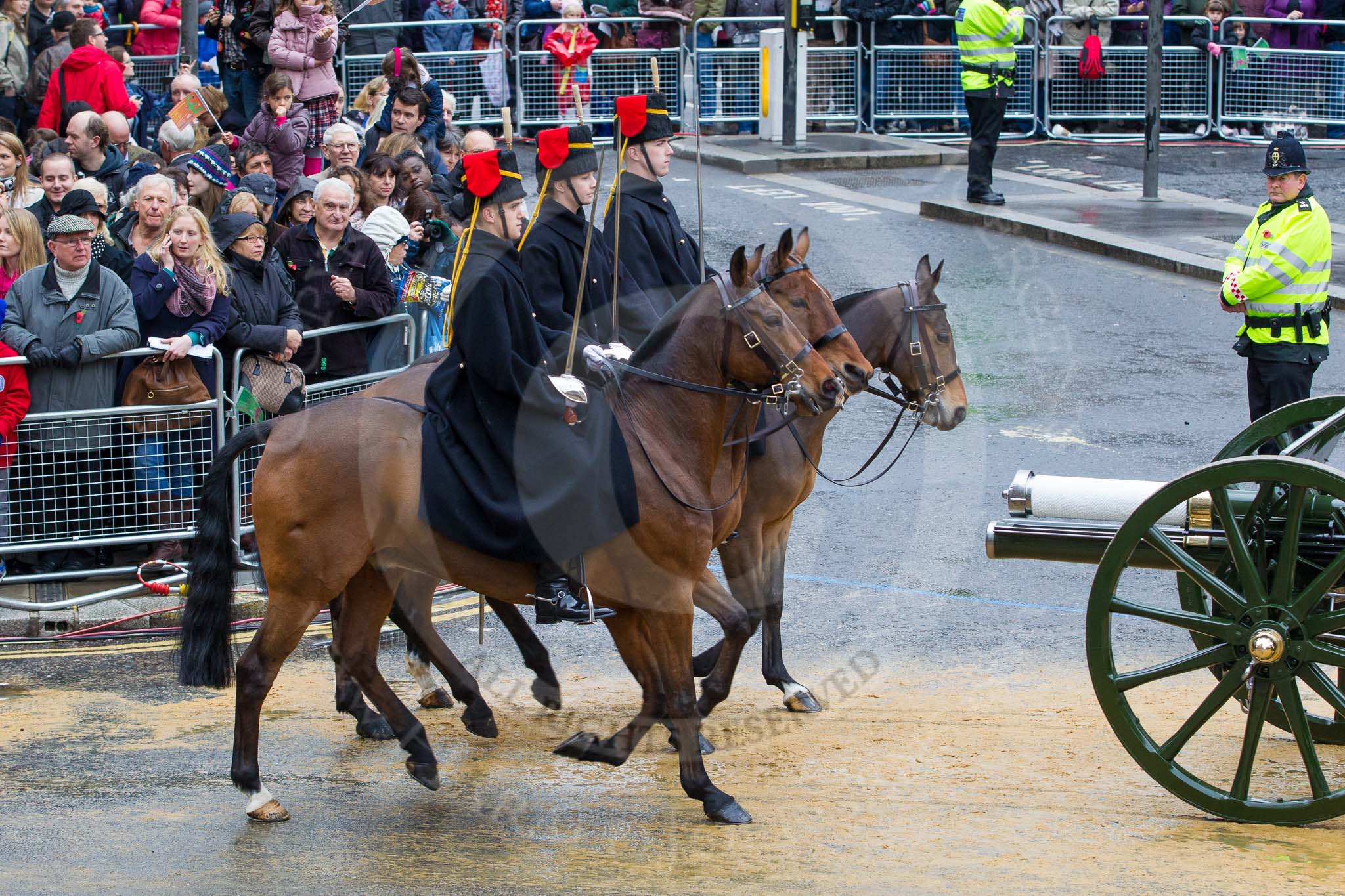 Lord Mayor's Show 2012: Entry 124 - The King’s Troop Royal Horse Artillery (RHA)..
Press stand opposite Mansion House, City of London,
London,
Greater London,
United Kingdom,
on 10 November 2012 at 12:02, image #1799