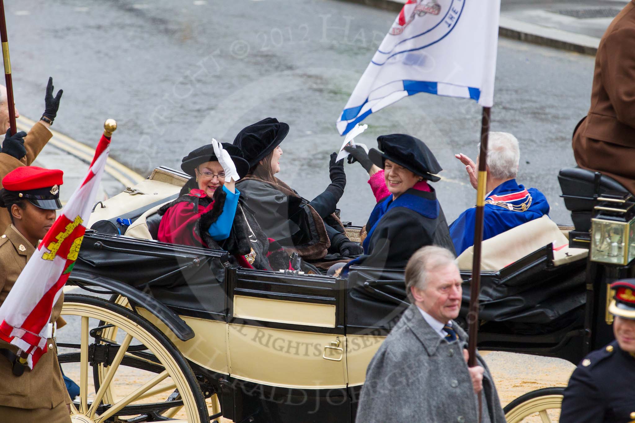 Lord Mayor's Show 2012: Entry 125 - United Ward's Club, Guild of Freemen, City Livery Club, and the Royal Socity of St George (City of London branch): Valerie Hamilton JP, Anne Holden, Judy Tayler-Smith, and John Barker OBE..
Press stand opposite Mansion House, City of London,
London,
Greater London,
United Kingdom,
on 10 November 2012 at 12:03, image #1816