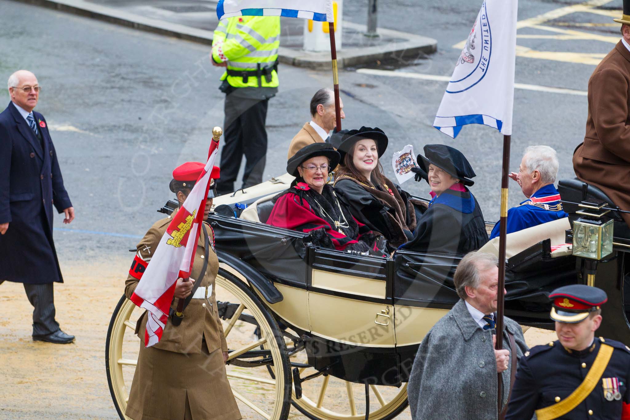 Lord Mayor's Show 2012: Entry 125 - United Ward's Club, Guild of Freemen, City Livery Club, and the Royal Socity of St George (City of London branch): Valerie Hamilton JP, Anne Holden, Judy Tayler-Smith, and John Barker OBE..
Press stand opposite Mansion House, City of London,
London,
Greater London,
United Kingdom,
on 10 November 2012 at 12:03, image #1819