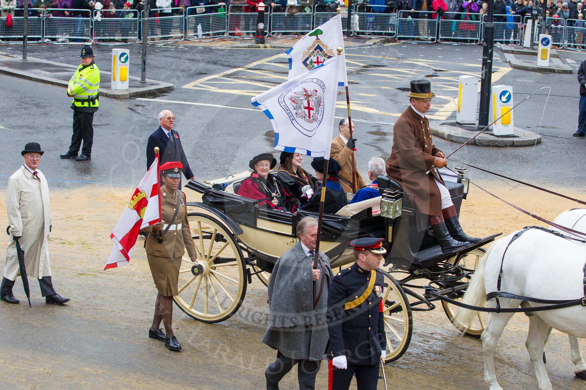 Lord Mayor's Show 2012: Entry 125 - United Ward's Club, Guild of Freemen, City Livery Club, and the Royal Socity of St George (City of London branch): Valerie Hamilton JP, Anne Holden, Judy Tayler-Smith, and John Barker OBE..
Press stand opposite Mansion House, City of London,
London,
Greater London,
United Kingdom,
on 10 November 2012 at 12:03, image #1821