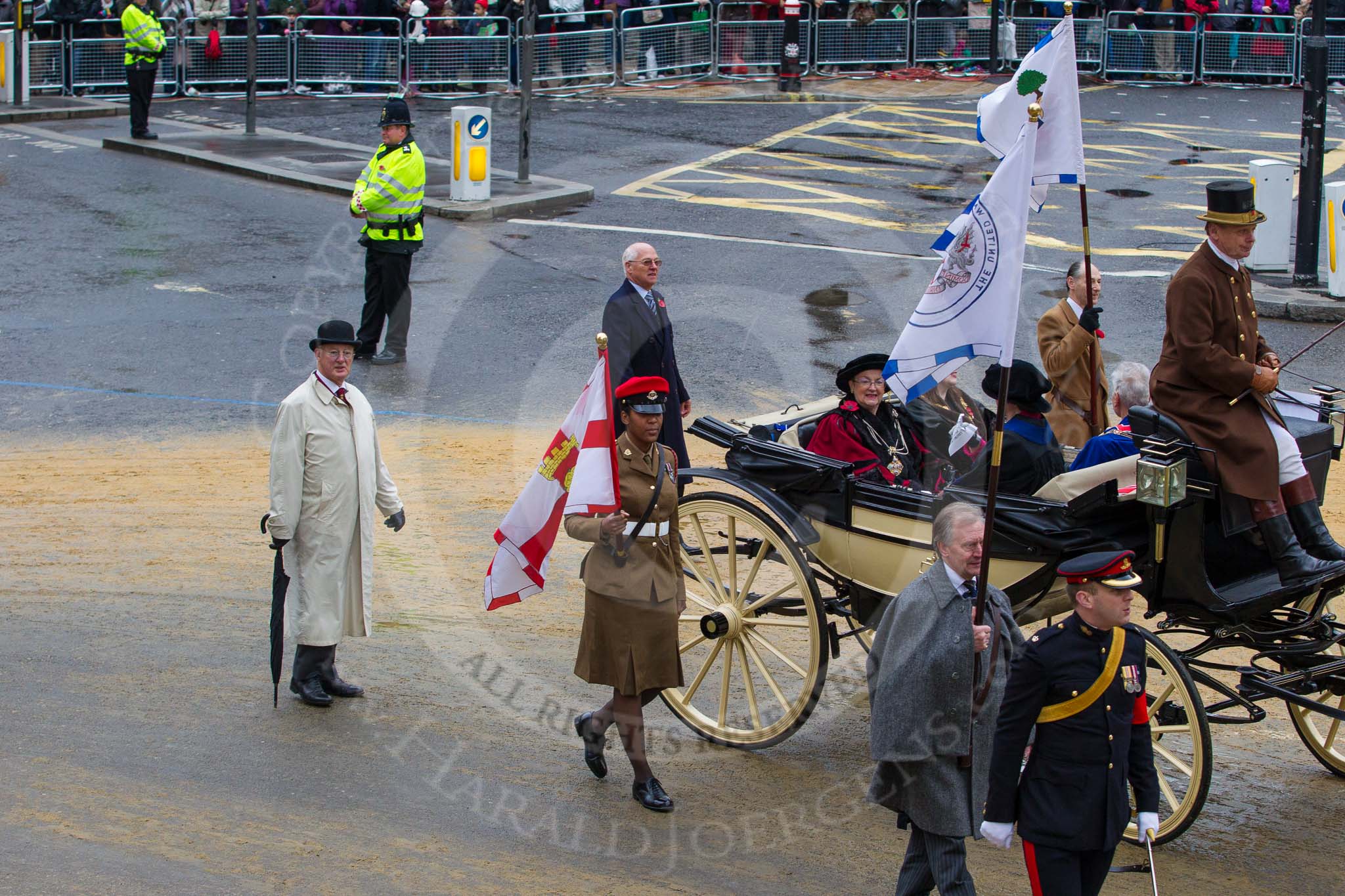 Lord Mayor's Show 2012: Entry 125 - United Ward's Club, Guild of Freemen, City Livery Club, and the Royal Socity of St George (City of London branch): Valerie Hamilton JP, Anne Holden, Judy Tayler-Smith, and John Barker OBE..
Press stand opposite Mansion House, City of London,
London,
Greater London,
United Kingdom,
on 10 November 2012 at 12:03, image #1822