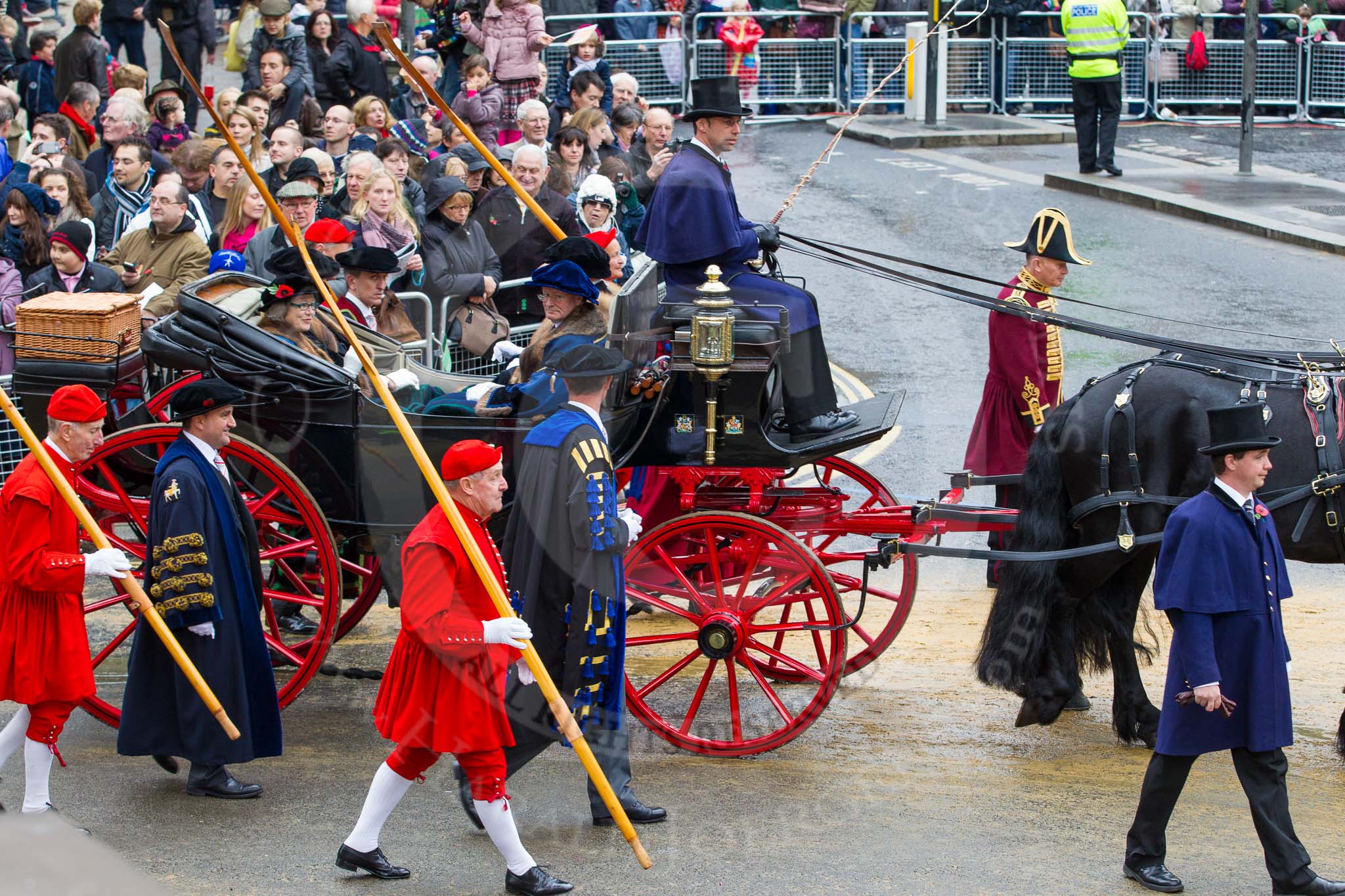 Lord Mayor's Show 2012: Entry 126 - The Great Twelve. representing the first 12 of 108 Livery CompaniesL Lord Phillimore, William Fell Esq, Dr John Sichel, and Deborah Knight..
Press stand opposite Mansion House, City of London,
London,
Greater London,
United Kingdom,
on 10 November 2012 at 12:03, image #1826