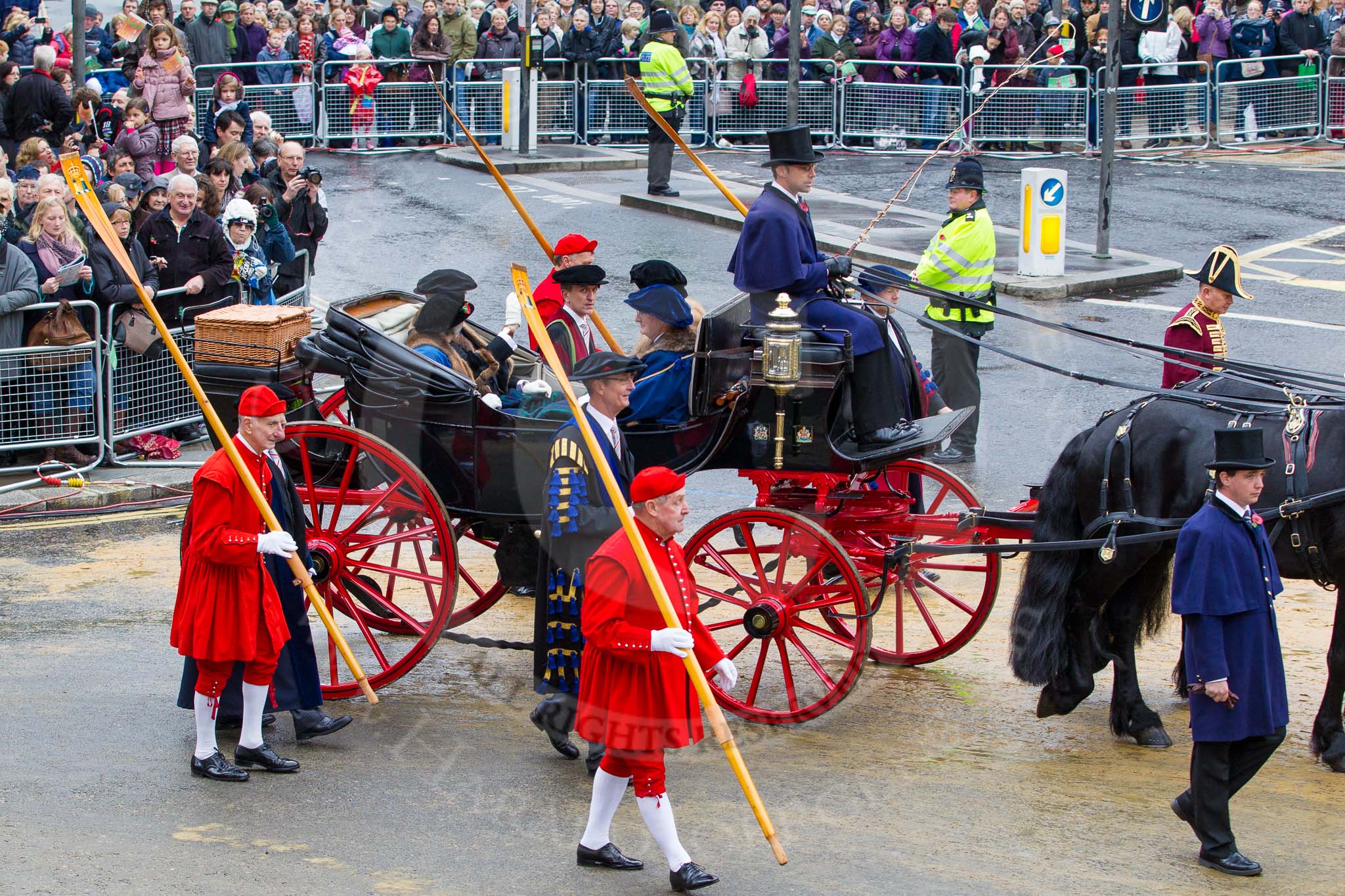 Photo 1211101203571D48229HaraldJoergens Lord Mayor's Show 2012: Entry 126 - The Great Twelve. representing the first 12 of 108 Livery CompaniesL Lord Phillimore, William Fell Esq, Dr John Sichel, and Deborah Knight..
Press stand opposite Mansion House, City of London,
London,
Greater London,
United Kingdom,
on 10 November 2012 at 12:03, image #1828