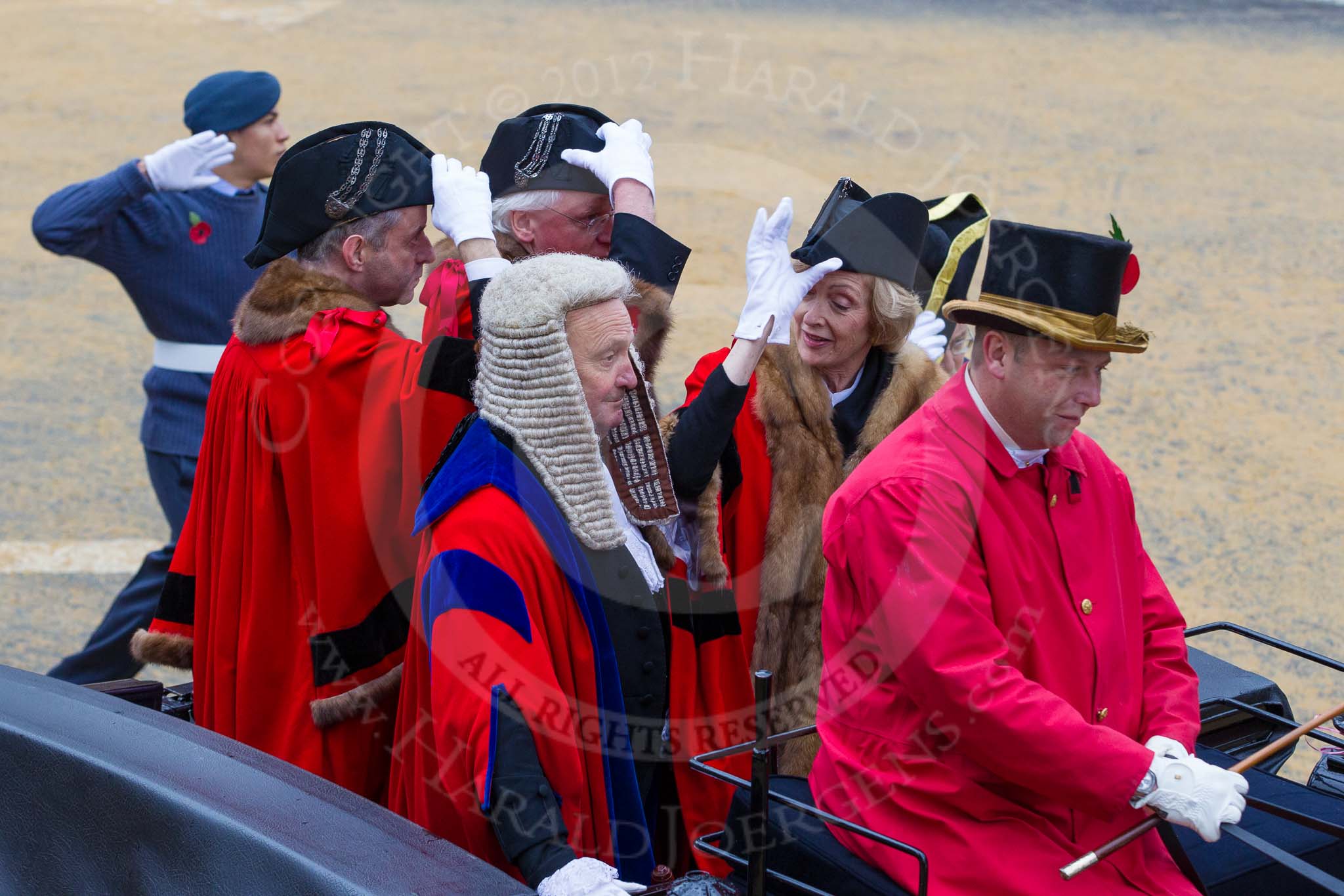 Photo 1211101205451D48348HaraldJoergens Lord Mayor's Show 2012: Entry136 - Recorder and Aldermen below the Chair. Dr Alndrew Parmley, Simon Walsh, Fiona Woolf CBE, and Judge Peter Beaumont QC..
Press stand opposite Mansion House, City of London,
London,
Greater London,
United Kingdom,
on 10 November 2012 at 12:05, image #1868