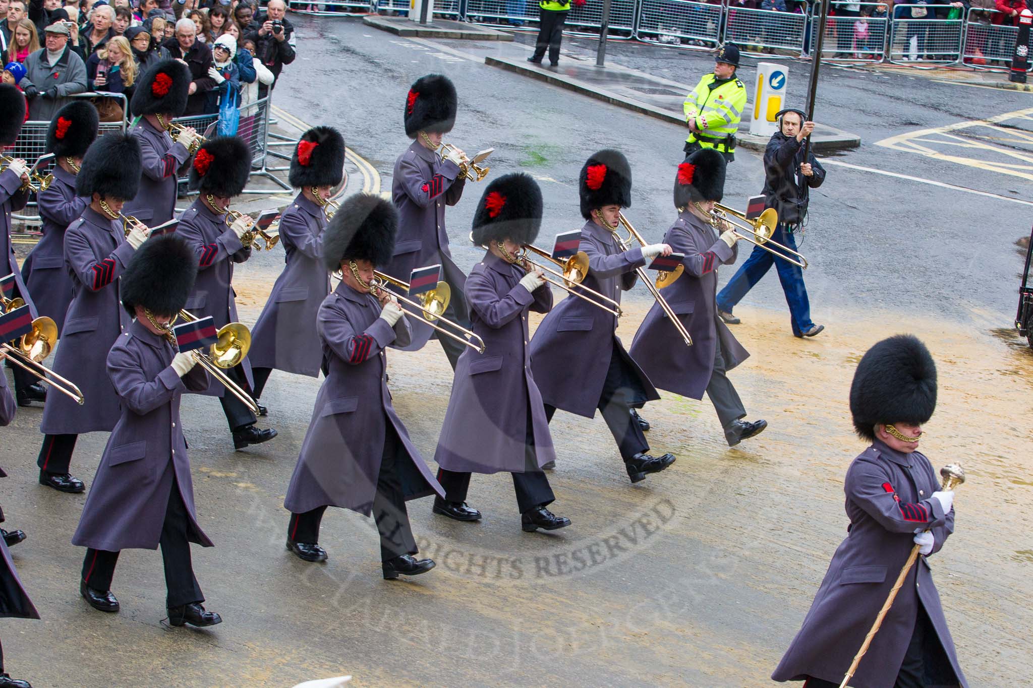 Lord Mayor's Show 2012: Entry 139 - The Band of the Coldstream Guards, lead by Senior Drum Major Ben Roberts, Coldstream Guards..
Press stand opposite Mansion House, City of London,
London,
Greater London,
United Kingdom,
on 10 November 2012 at 12:06, image #1883