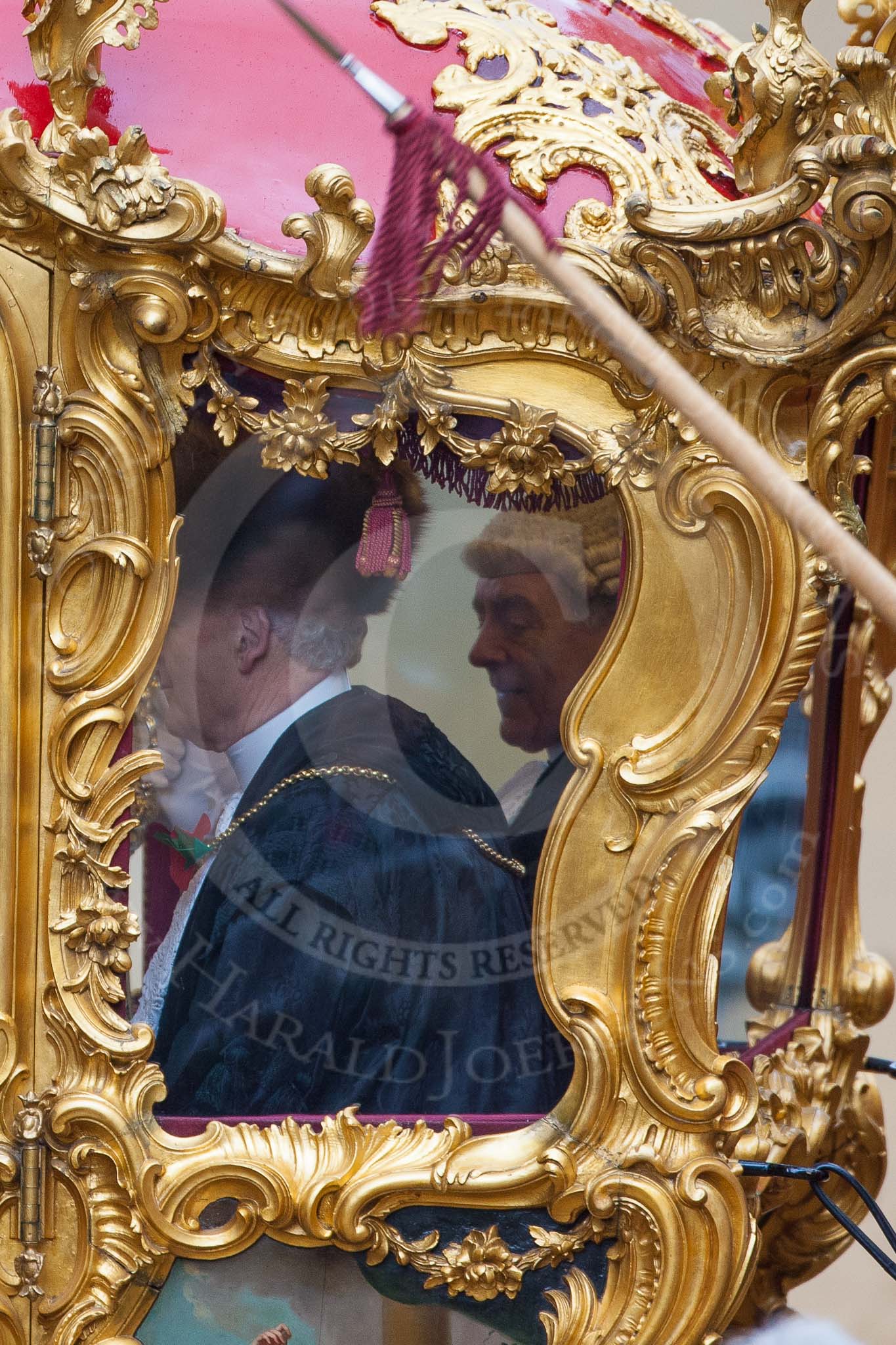 Photo 1211101211591D2126102HaraldJoergens Lord Mayor's Show 2012: Entry 149 - The Rt Hon The Lord Mayor of London, Alderman Roger Gifford, here his Sword Bearer, Col. Richard Martin, and Serjant-at-Arms, Col Geoffrey Godbold..
Press stand opposite Mansion House, City of London,
London,
Greater London,
United Kingdom,
on 10 November 2012 at 12:11, image #1940