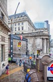 Lord Mayor's Show 2012: Bank tube station, the entrance of Prince's Street, and the Bank of England behind, on the morning of the Lord Mayor's Show..
Press stand opposite Mansion House, City of London,
London,
Greater London,
United Kingdom,
on 10 November 2012 at 09:09, image #7
