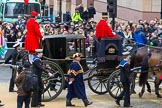 Lord Mayor's Show 2012: Entry 142 - Late Lord Mayor, Alderman and Mrs David Wootton, with the Chaplain Andrew Walker, escorted by four Yeoman Warders and cadets of 1475 (Dulwich) Squadron. Two Dogget's Coat and Badge men stand on the rear of the carriage..
Press stand opposite Mansion House, City of London,
London,
Greater London,
United Kingdom,
on 10 November 2012 at 12:08, image #1905