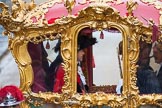 Lord Mayor's Show 2012: The new Lord Mayor, Roger Gifford, on his left the Chaplin, opposite the Sergeant of Arms and the Sword Bearer, Col. Richard Martin, in the State Coach, leaving for St Paul's Cathedral..
Press stand opposite Mansion House, City of London,
London,
Greater London,
United Kingdom,
on 10 November 2012 at 12:12, image #1945